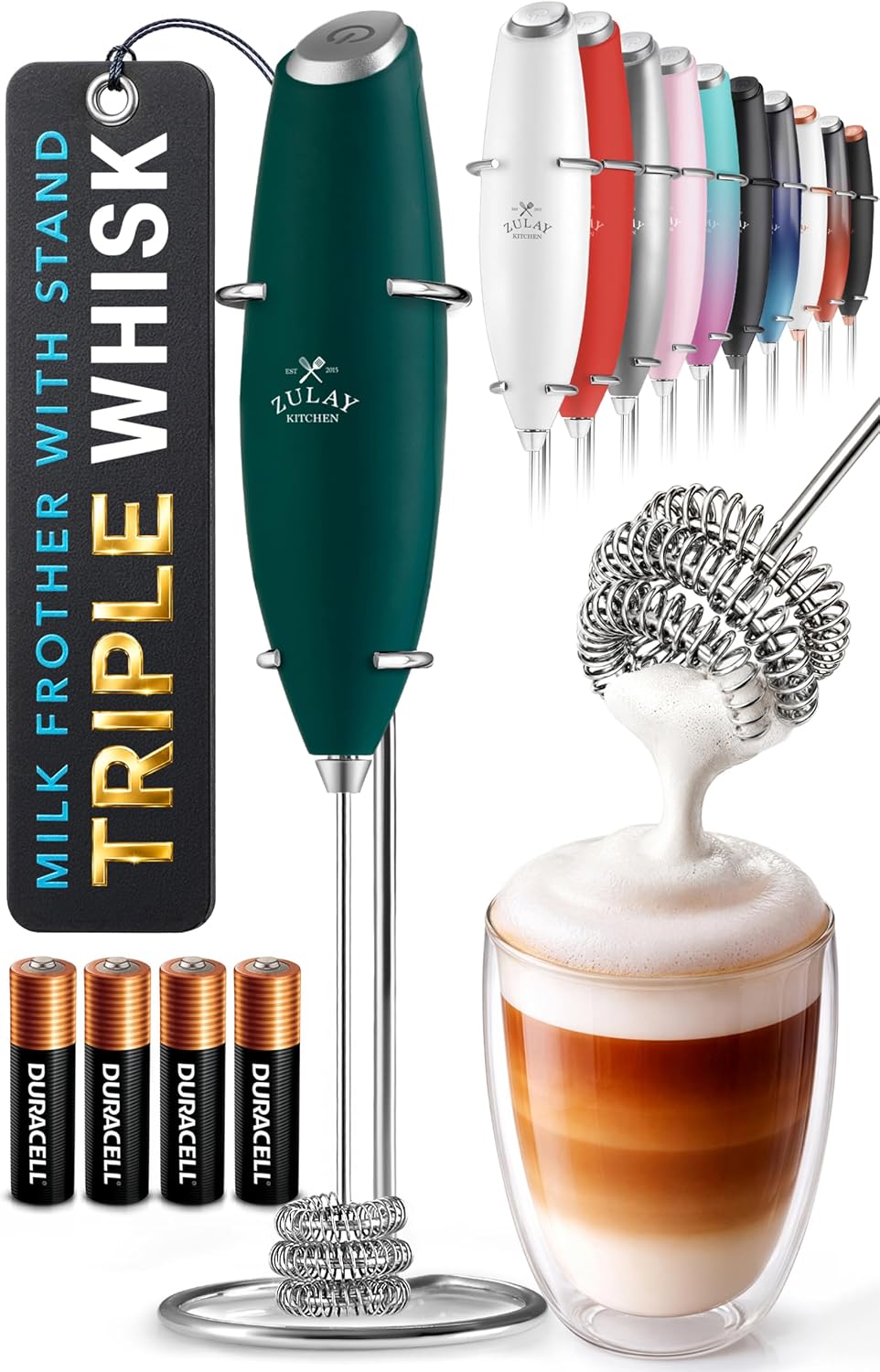 Zulay Kitchen Milk Frother Handheld Electric Whisk – Frother Wand, Durable Drink Mixer, Coffee Frother, Hand Blender, Frother for Protein Powder, Matcha & More - Black