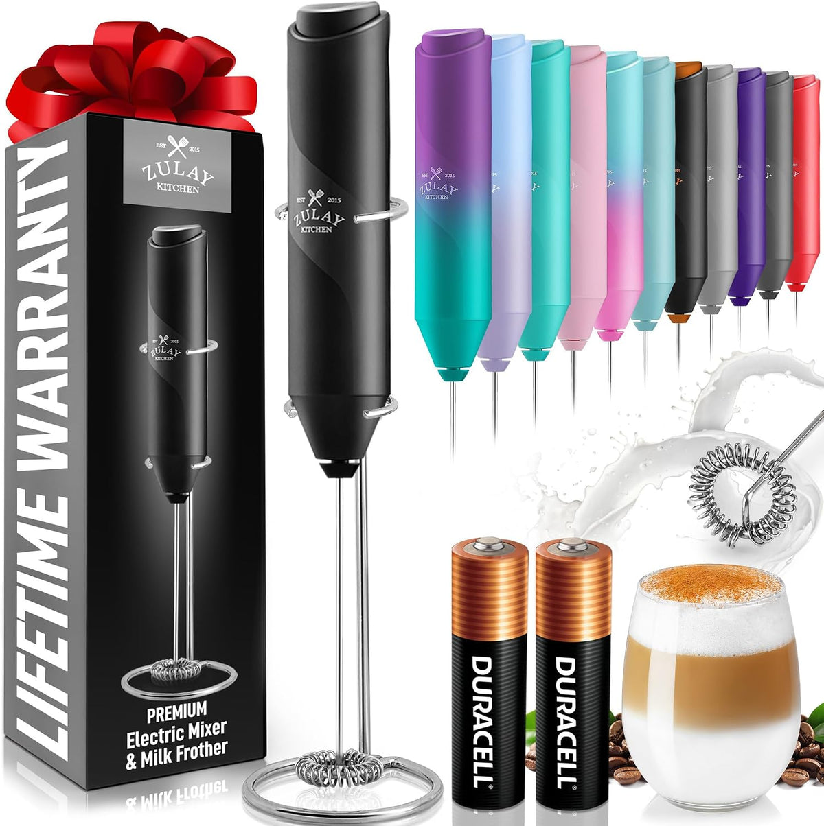 Zulay Kitchen Milk Frother Handheld Electric Whisk – Frother Wand, Durable Drink Mixer, Coffee Frother, Hand Blender, Frother for Protein Powder, Matcha & More - Black