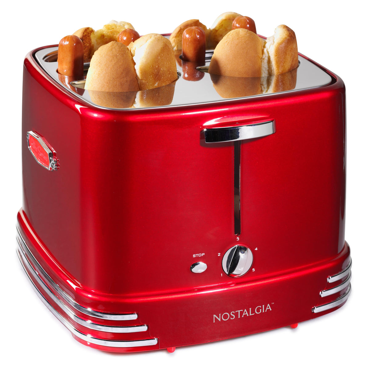 Nostalgia 2 Slot Hot Dog and Bun Toaster with Mini Tongs, Retro Hot Dog Toaster, Hot Dog Cooker that Works with Chicken, Turkey, Veggie Links, Sausages and Brats, Metallic Red