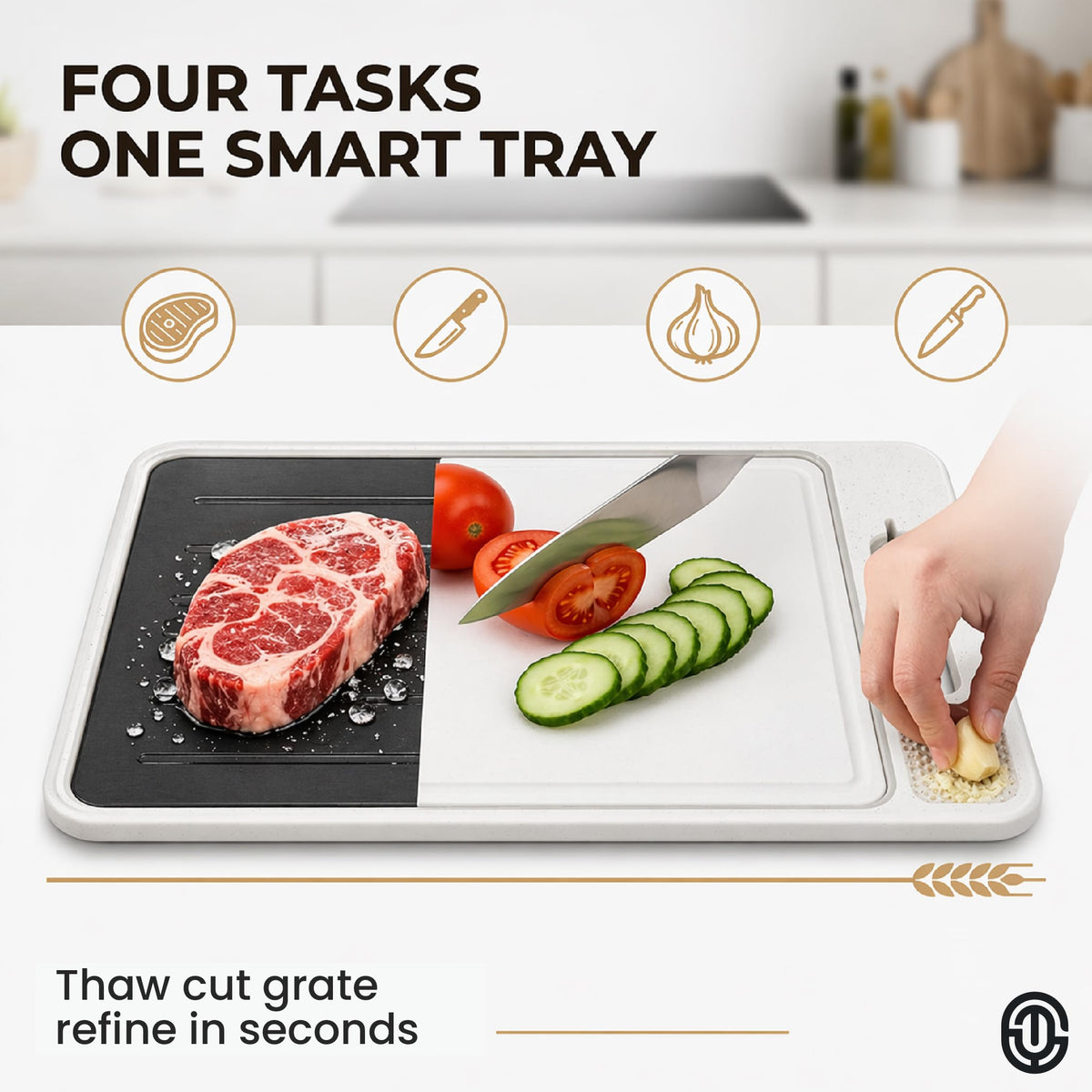 4-in-1 Defrosting Tray for Frozen Meat, Thawing Plate with Cutting Board