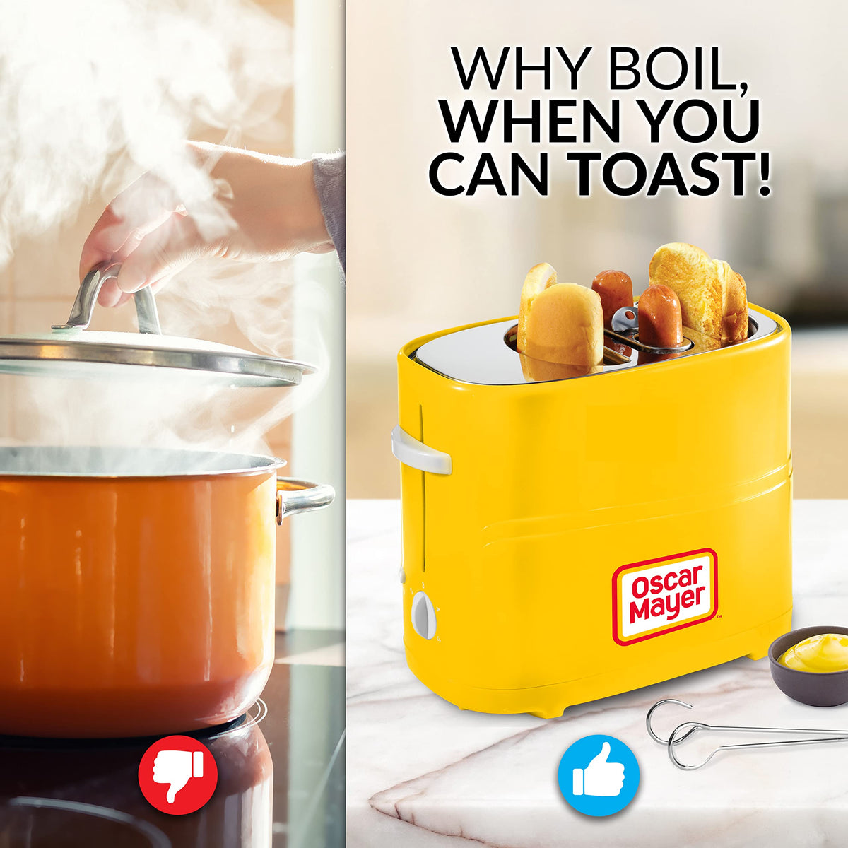 Nostalgia 2 Slot Hot Dog and Bun Toaster with Mini Tongs, Retro Hot Dog Toaster, Hot Dog Cooker that Works with Chicken, Turkey, Veggie Links, Sausages and Brats, Metallic Red