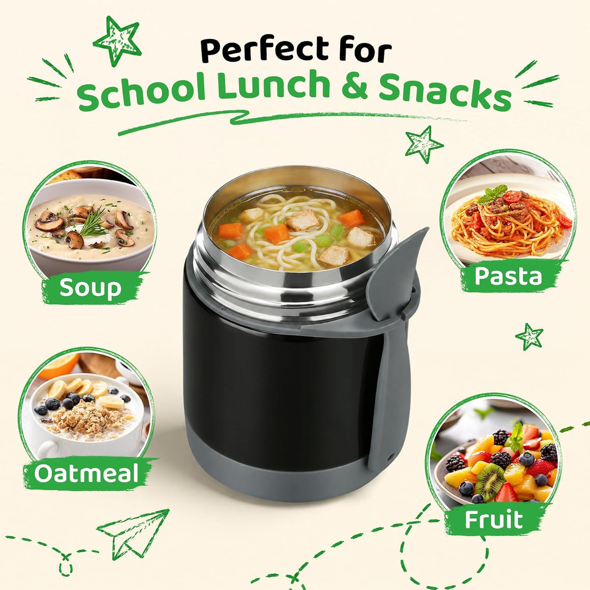 10oz Soup Thermo for Hot Food Kids Insulated Food Jar,Thermo Hot Food Lunch Container, Width Mouth Stainless Steel Lunch Box for Kids with Spoon (Black)