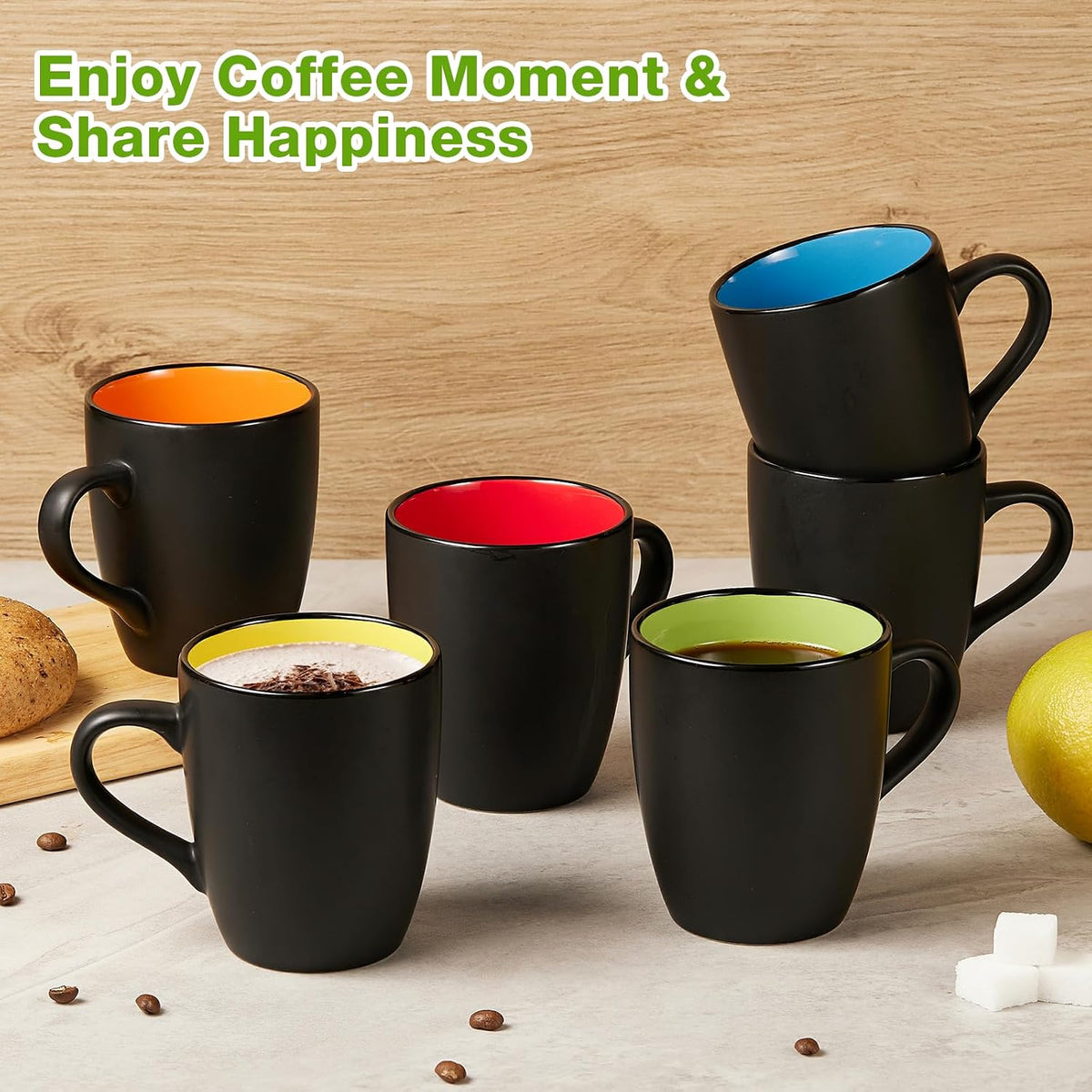 6 Pack Porcelain Coffee Mugs Set, 12 Ounces Ceramic Coffee Mugs, Matte Black Coffee Mug, Restaurant Cups for Coffee, Tea, Cappuccino, Cocoa, Cereal, Black outside and Colorful Inside