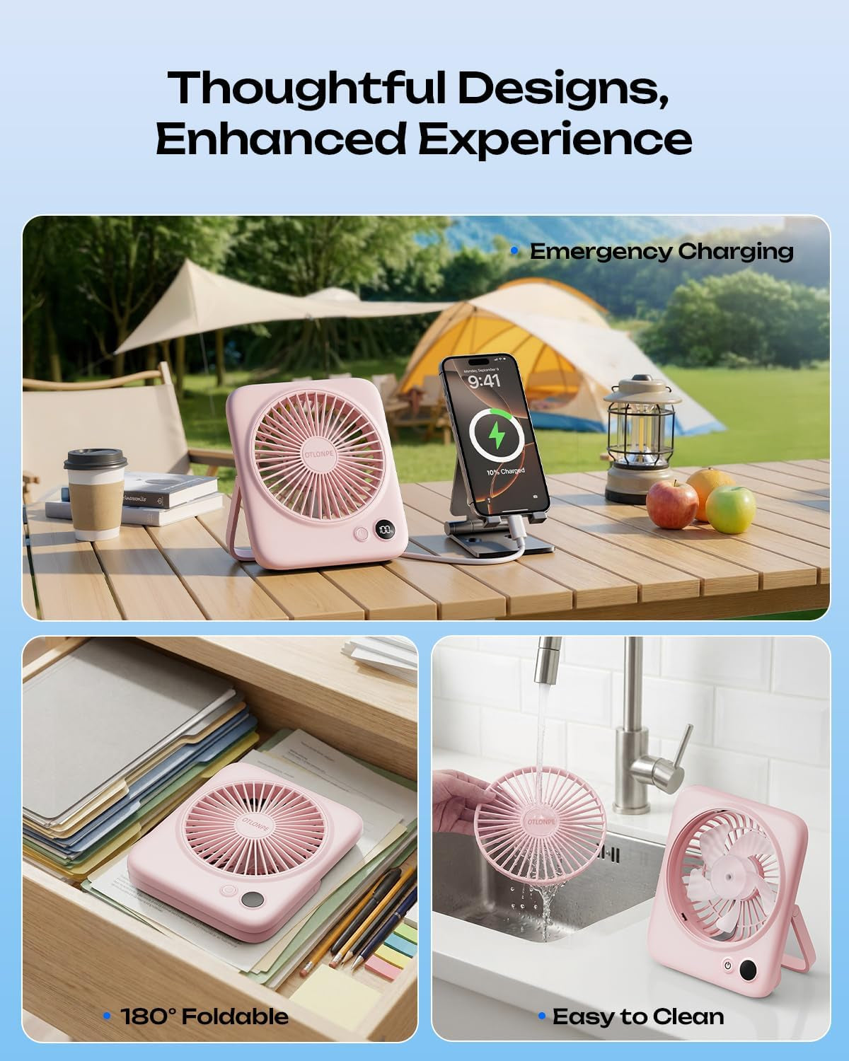 Portable Desk Fan 6.5 Inch, 4000Mah Rechargeable Battery Operated & USB Powered, 23Hrs Cordless Small Personal Fan 4-Speed Quiet for Office Travel Home Sleeping, Led Display, Foldable (Pink)