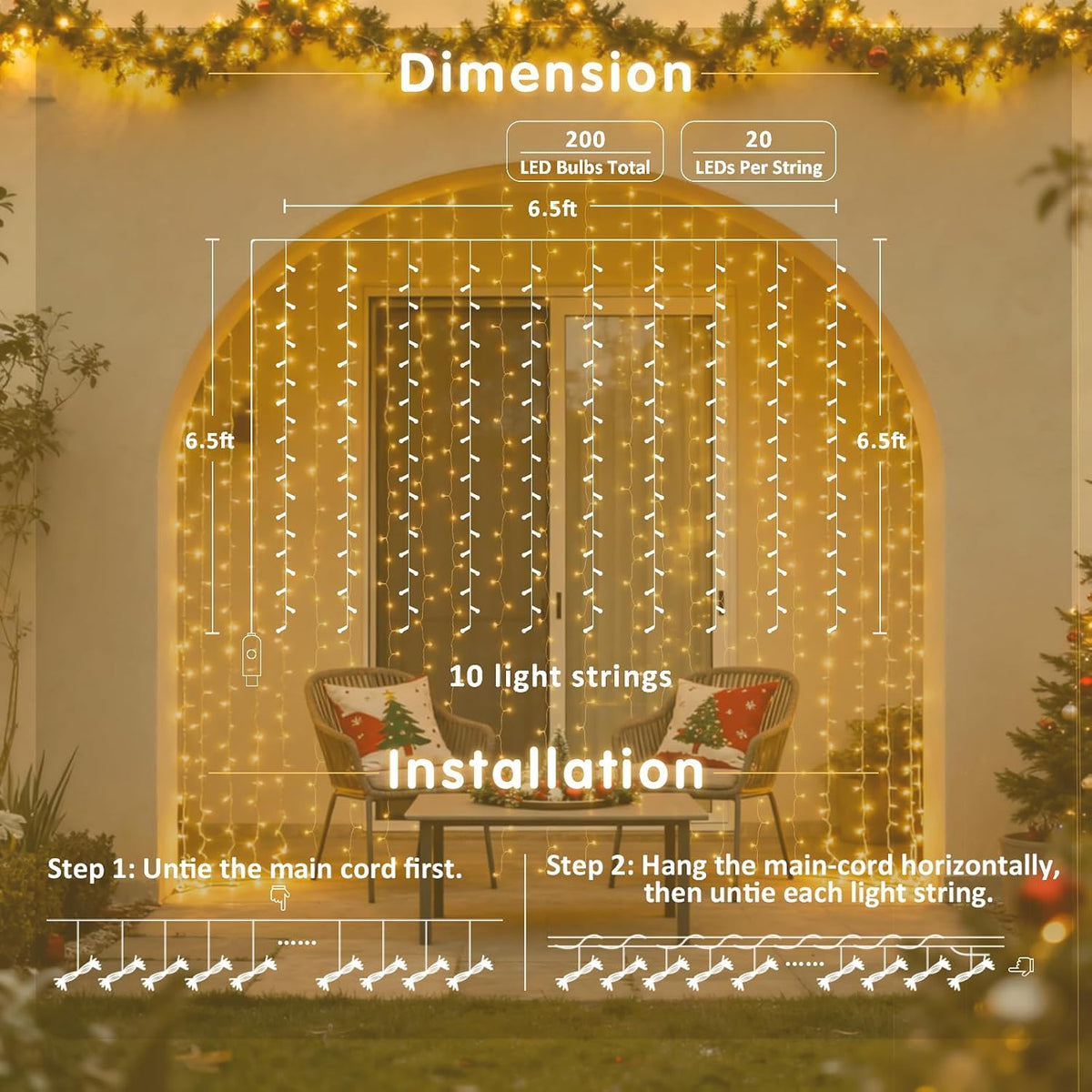 USB Plug in Curtain Lights 200 LED with 8 Modes, 6.5Ftx6.5Ft