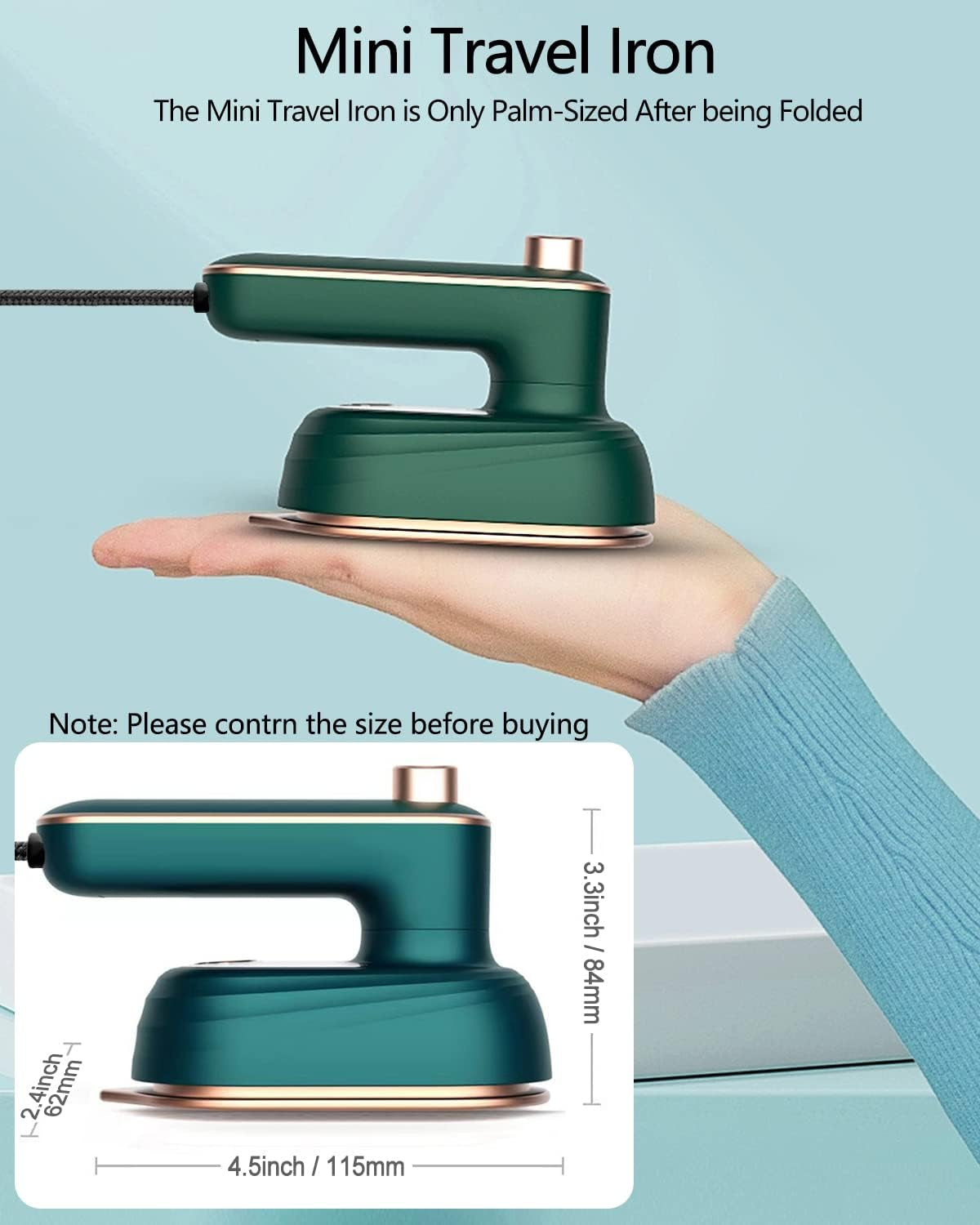 Mini Travel Iron for Clothes, Handheld Portable Electric Heat Press, Green