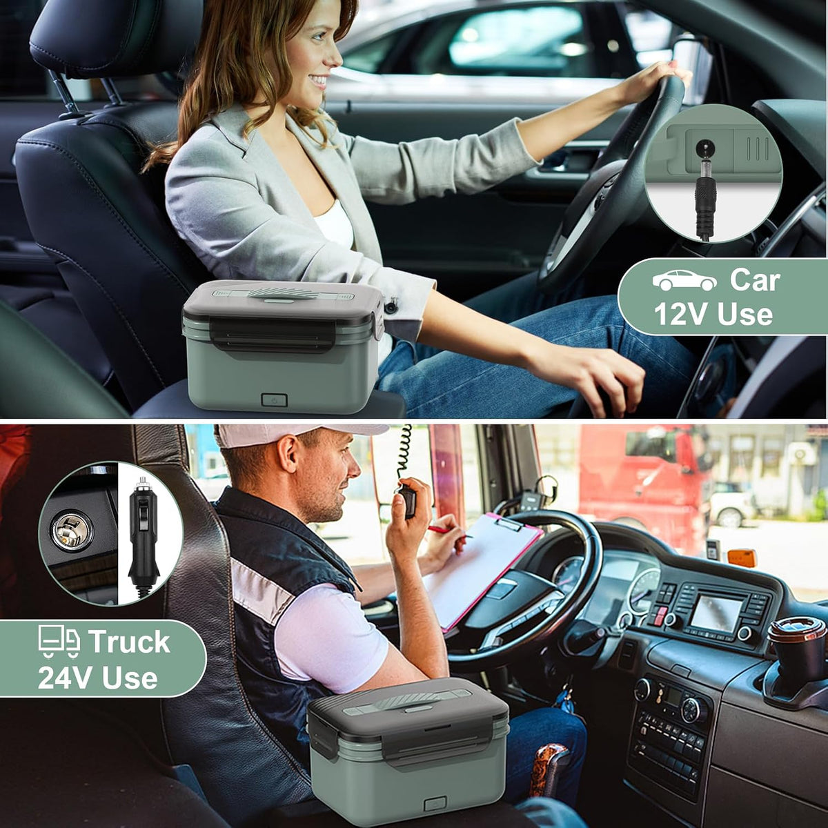 Electric Lunch Box 100W, 4 in 1 Heated Lunch Box for Adults, Portable Heating Lunch Box for Work/Car/Truck, with 1.8L Stainless Steel Container, 12V 24V 110V 220V, Green Grey
