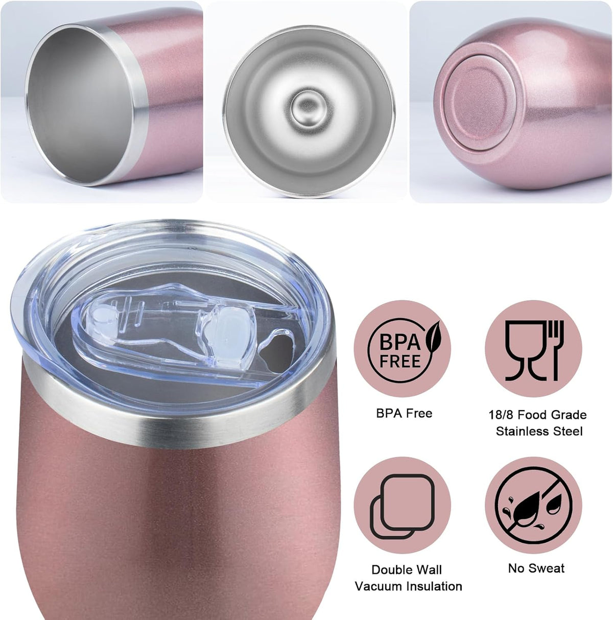 12Oz Insulated Wine Tumbler with Lid Wine Glass(Rose Gold,6 Pack)