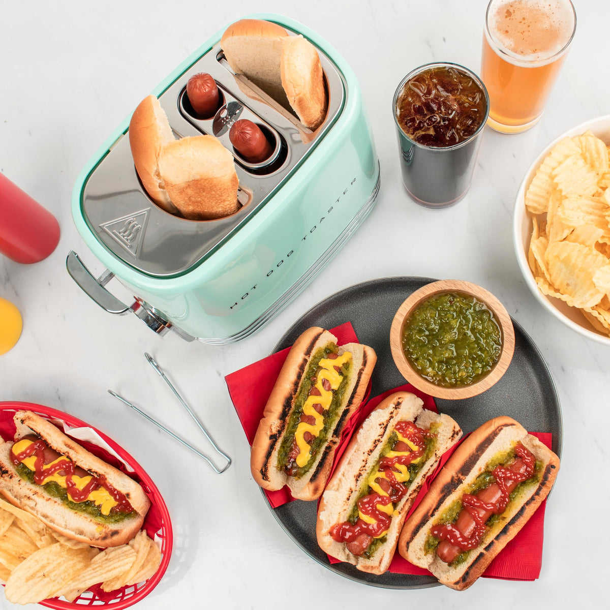 Nostalgia 2 Slot Hot Dog and Bun Toaster with Mini Tongs, Retro Hot Dog Toaster, Hot Dog Cooker that Works with Chicken, Turkey, Veggie Links, Sausages and Brats, Metallic Red