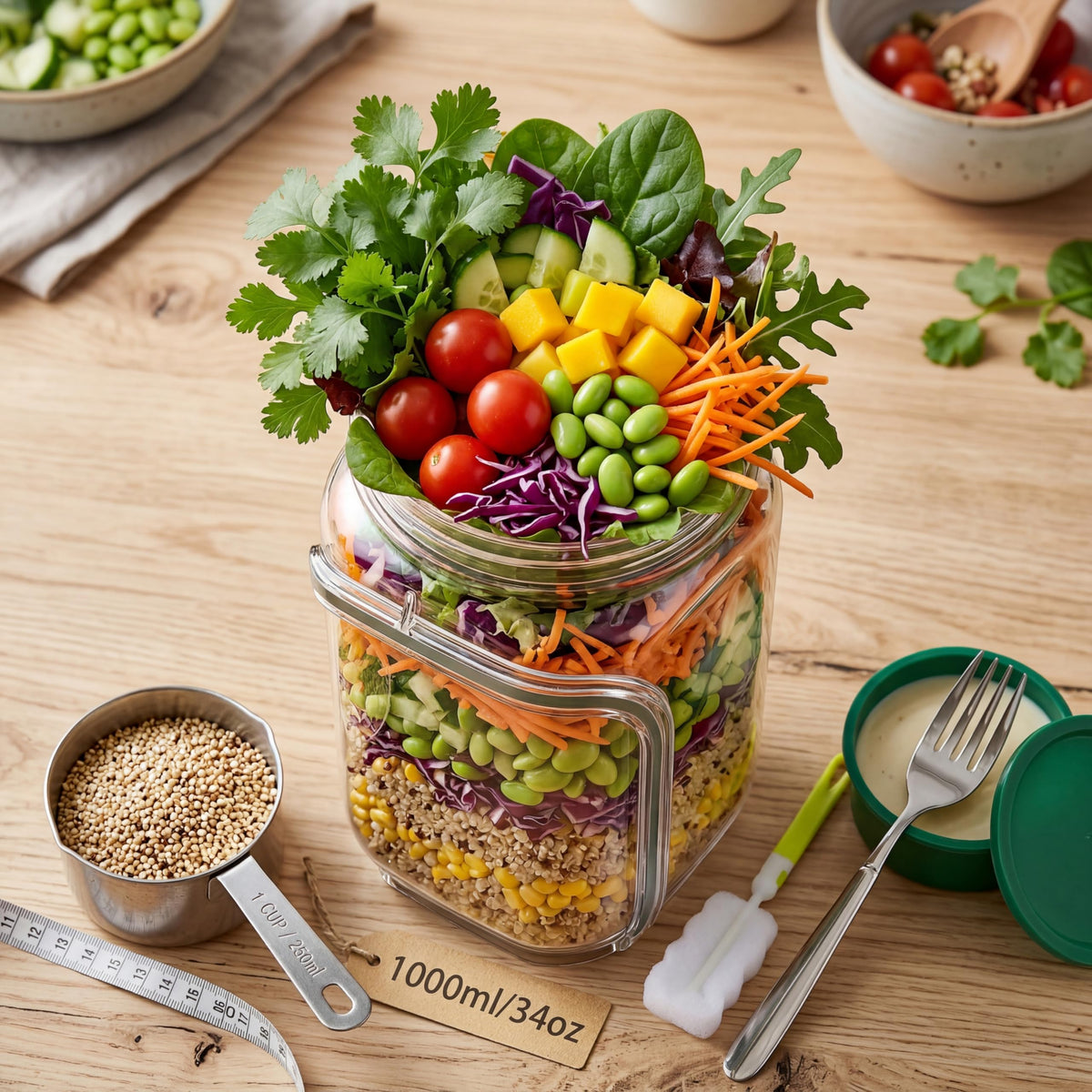 35oz Side Opening Mason Salad Jar | 1000ml Leakproof Portable Salad Container with Dressing Cup, Spoon & Brush | Ideal for Meal Prep, Gym, Office, Picnic & Travel (Red-Orange)