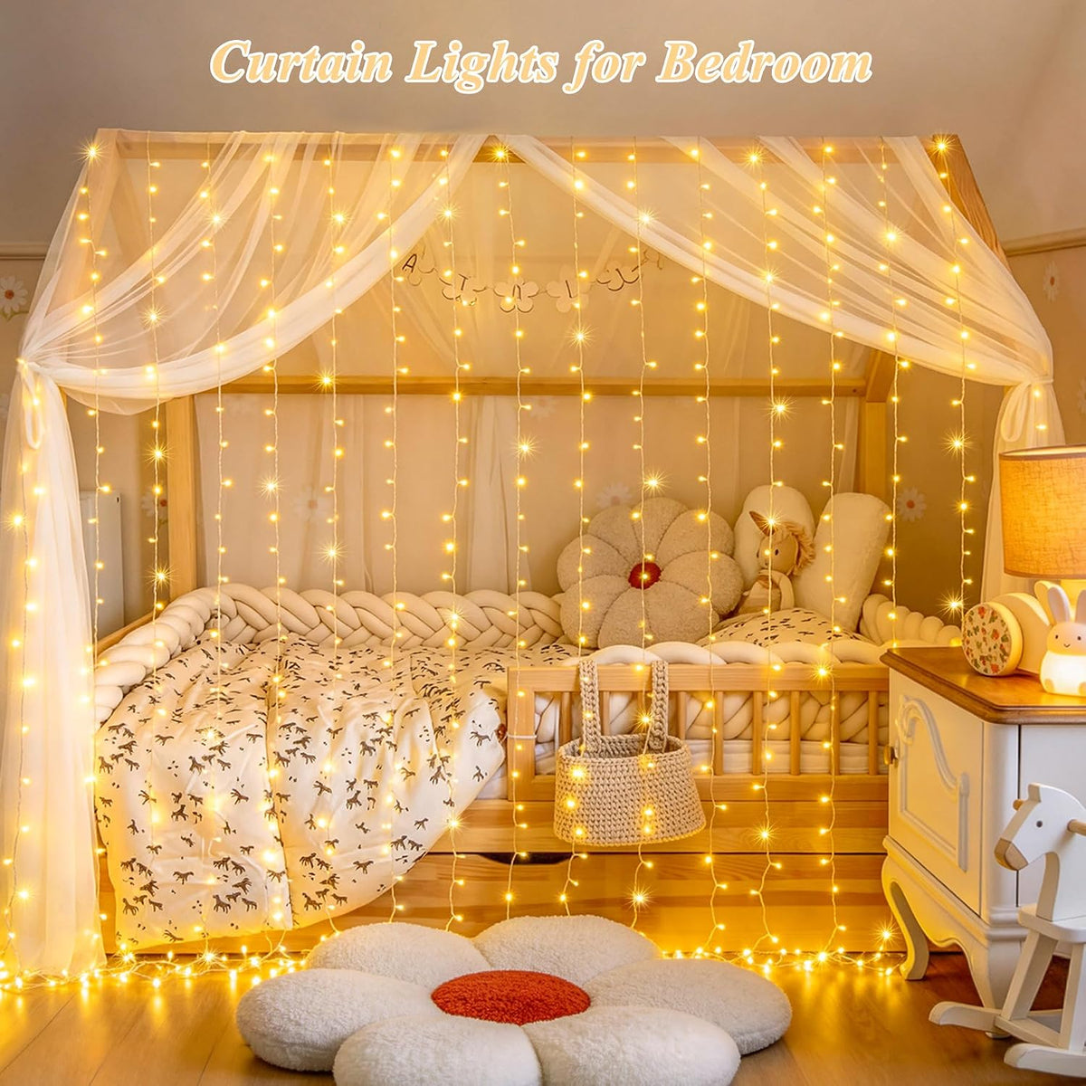 USB Plug in Curtain Lights 200 LED with 8 Modes, 6.5Ftx6.5Ft