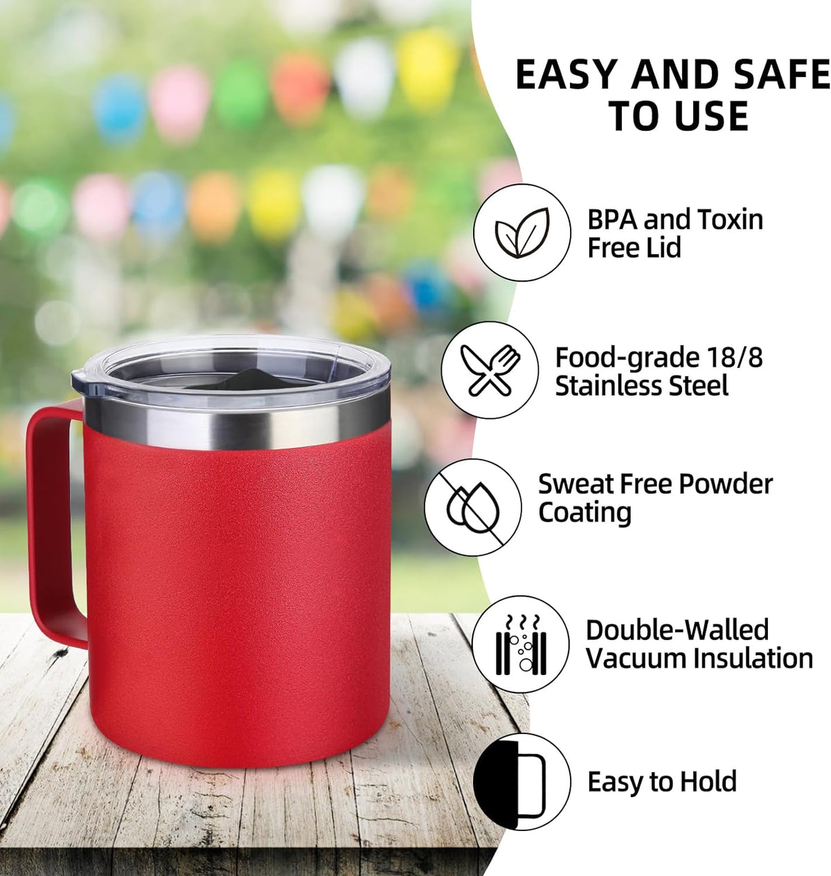 14Oz Insulated Stainless Steel Coffee Mug with Leakproof Lid,Double Wall Vacuum Travel Coffee Cup with Handle,Reusable Metal Cups Tumbler,Camping Mugs Keep Hot&Cold,Ideal Gifts(Red,1)