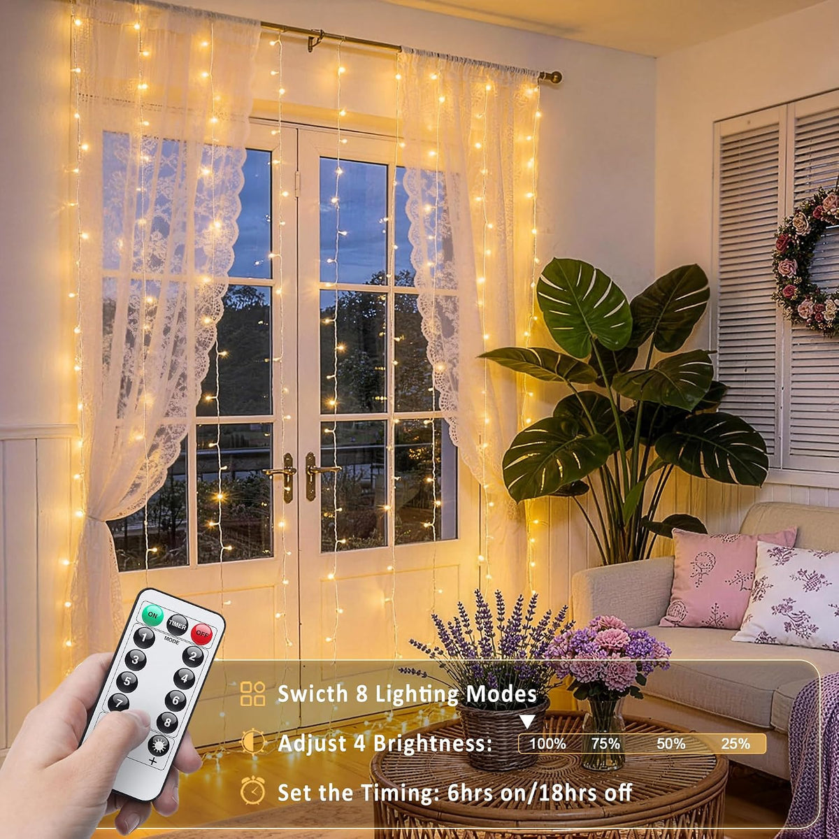 USB Plug in Curtain Lights 200 LED with 8 Modes, 6.5Ftx6.5Ft