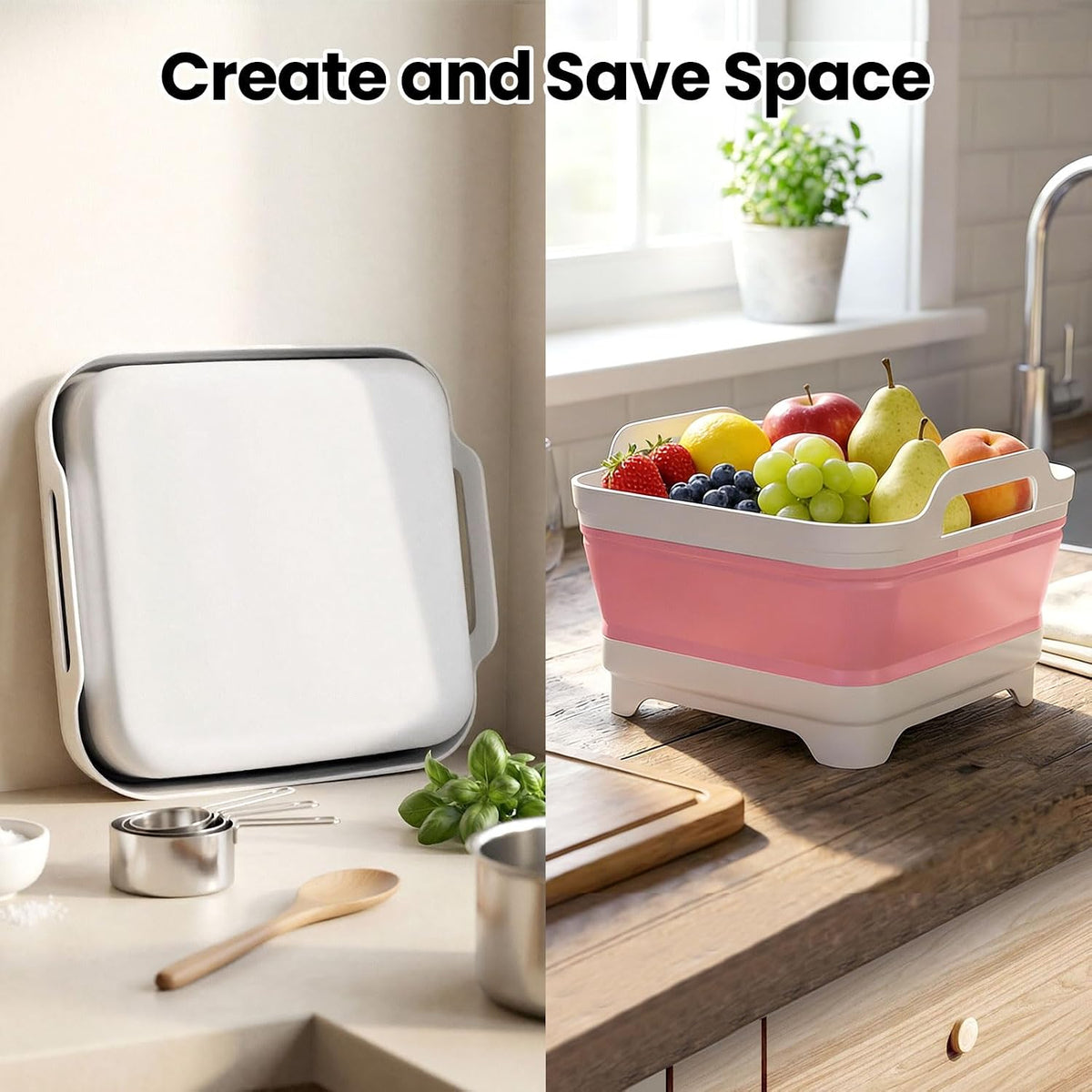 Collapsible Wash Basin with Drying Rack & Drain Plug (Pink)