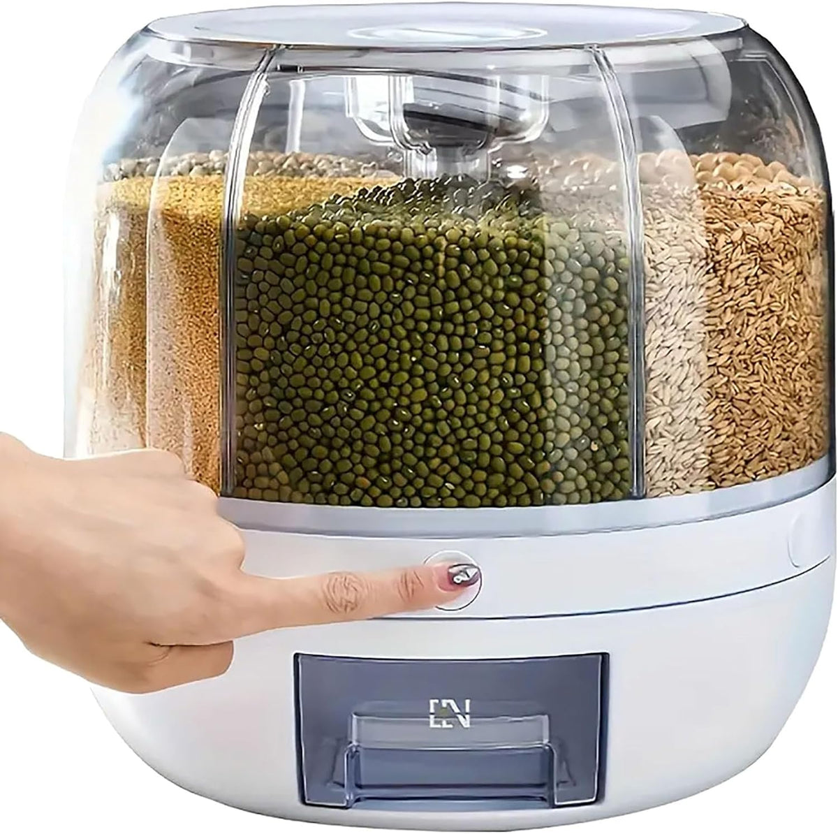 Rotating Grain Storage Container,Rice Dispenser,6-Compartment Rice Container, 360° Rotating Food Dispenser One-Click Output Rice Storage round Grain Dispenser Kitchen for Grains, Beans, Rice.