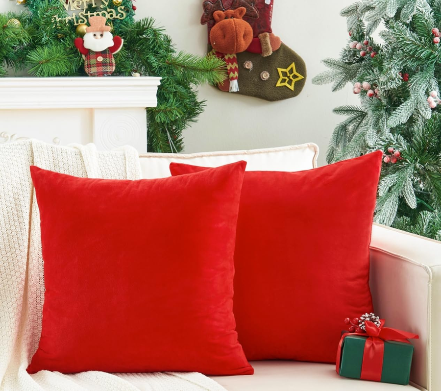 Pack of 2 Christmas Red Pillow Covers 18X18 Inch Decorative Throw Pillow Cover, Velvet Pillowcases for Couch Sofa Bed, Home Boho Decor, Modern Soft Cushion Covers
