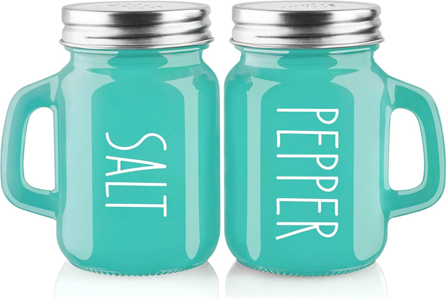 Turquoise Salt and Pepper Shakers Set - Teal Kitchen Decor and Accessories for Home Restaurants Wedding - Glass Salt and Pepper Set for Cooking Table, RV, BBQ, Easy to Clean & Refill