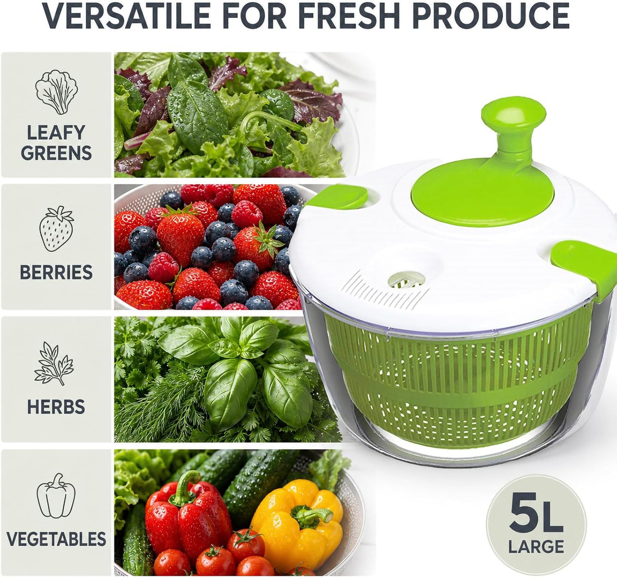 Salad Spinner, 5L Vegetable Washer & Dryer with Colander & Bowl