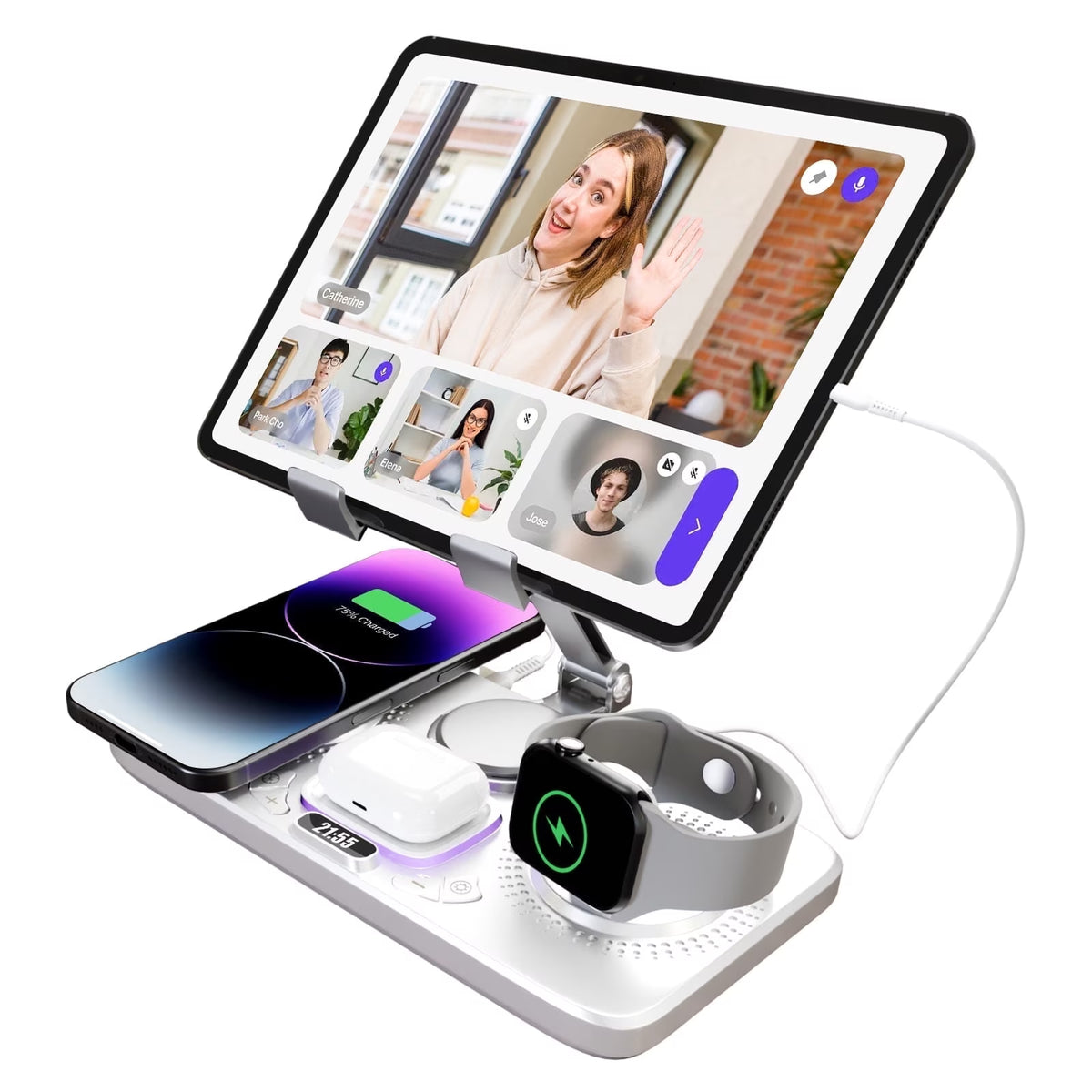 6 in 1 Wireless Charger for Iphone Airpods Iwatch, Foldable Charging Station Travel Charging Pad Dock Compatible with Apple 12 and above Series,White