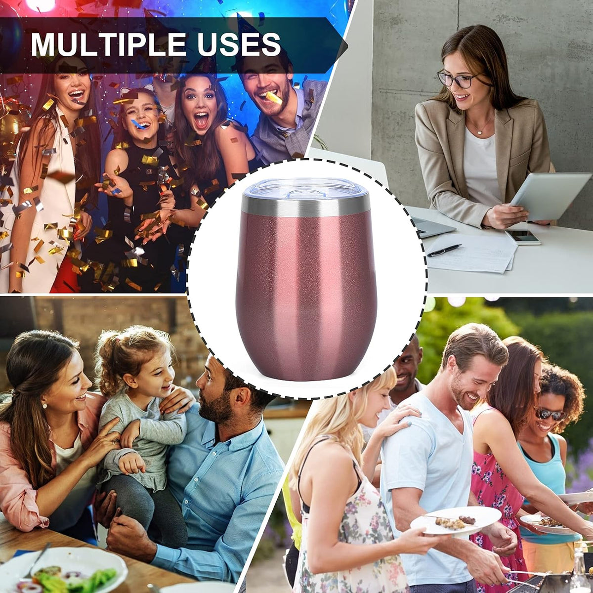 12Oz Insulated Wine Tumbler with Lid Wine Glass(Rose Gold,6 Pack)