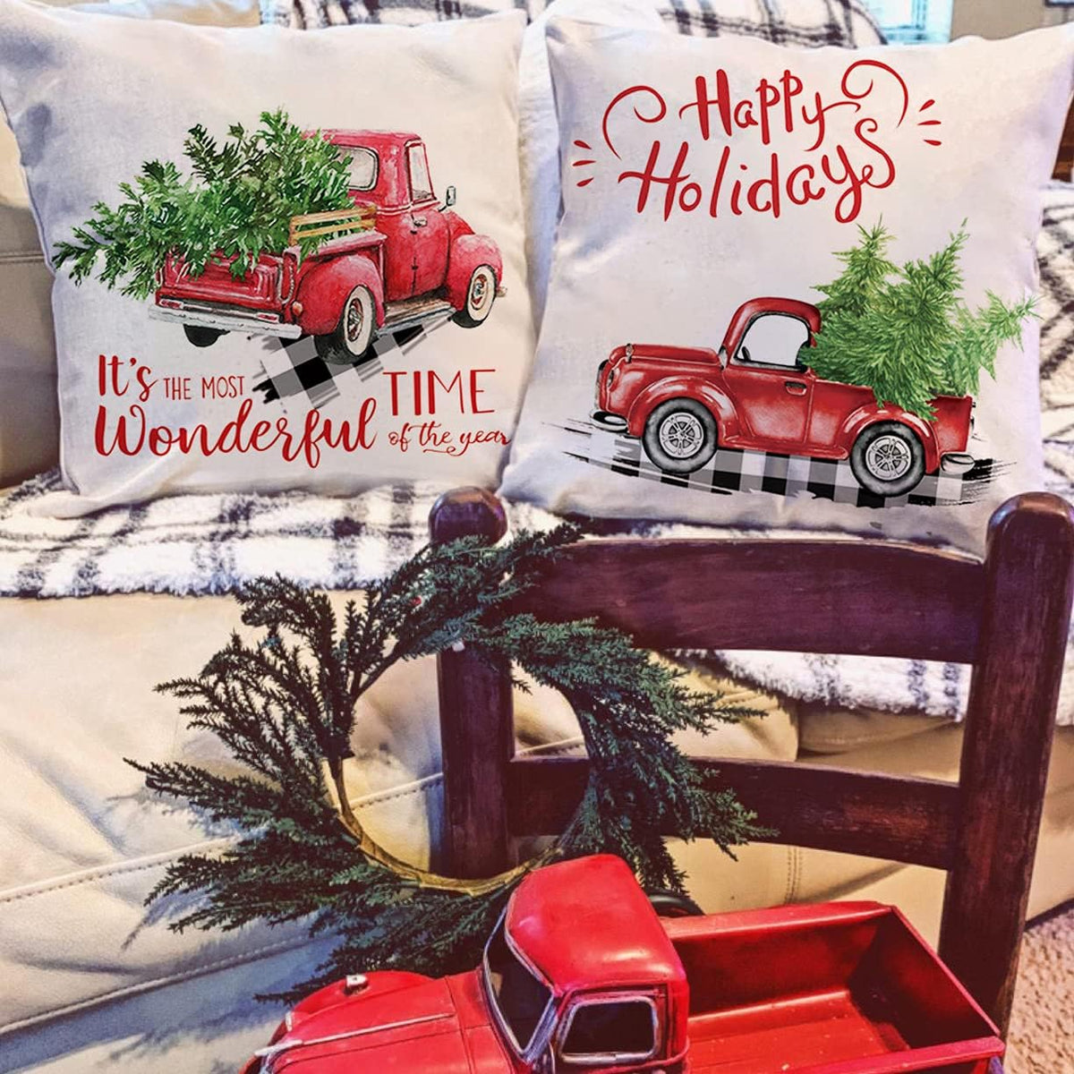 Red Truck Christmas Decor Outdoor Christmas Pillow Covers 18X18 Set of 2