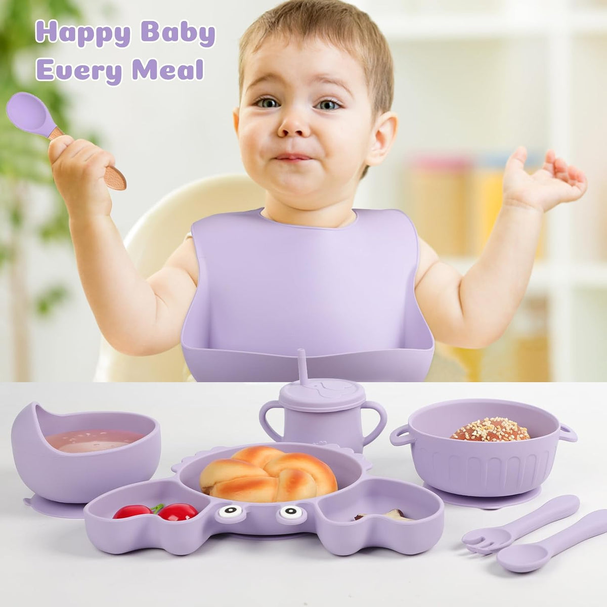 Silicone Baby Feeding Set 15 Pcs，Baby Spoons Suction Bowl Divided Plate Bib Cup Finger Brush Training Cups,Baby Led Weaning Supplies,Baby Plates，Toddler Feeding Plates and Bowls Set（Purple）