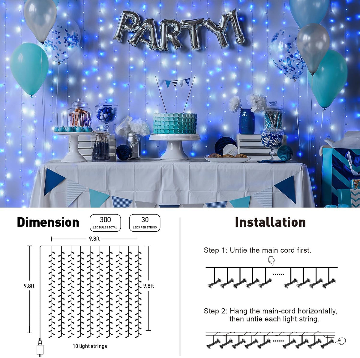 300LED Christmas Curtain Lights Plug In, Blue and White, 9.8X9.8Ft