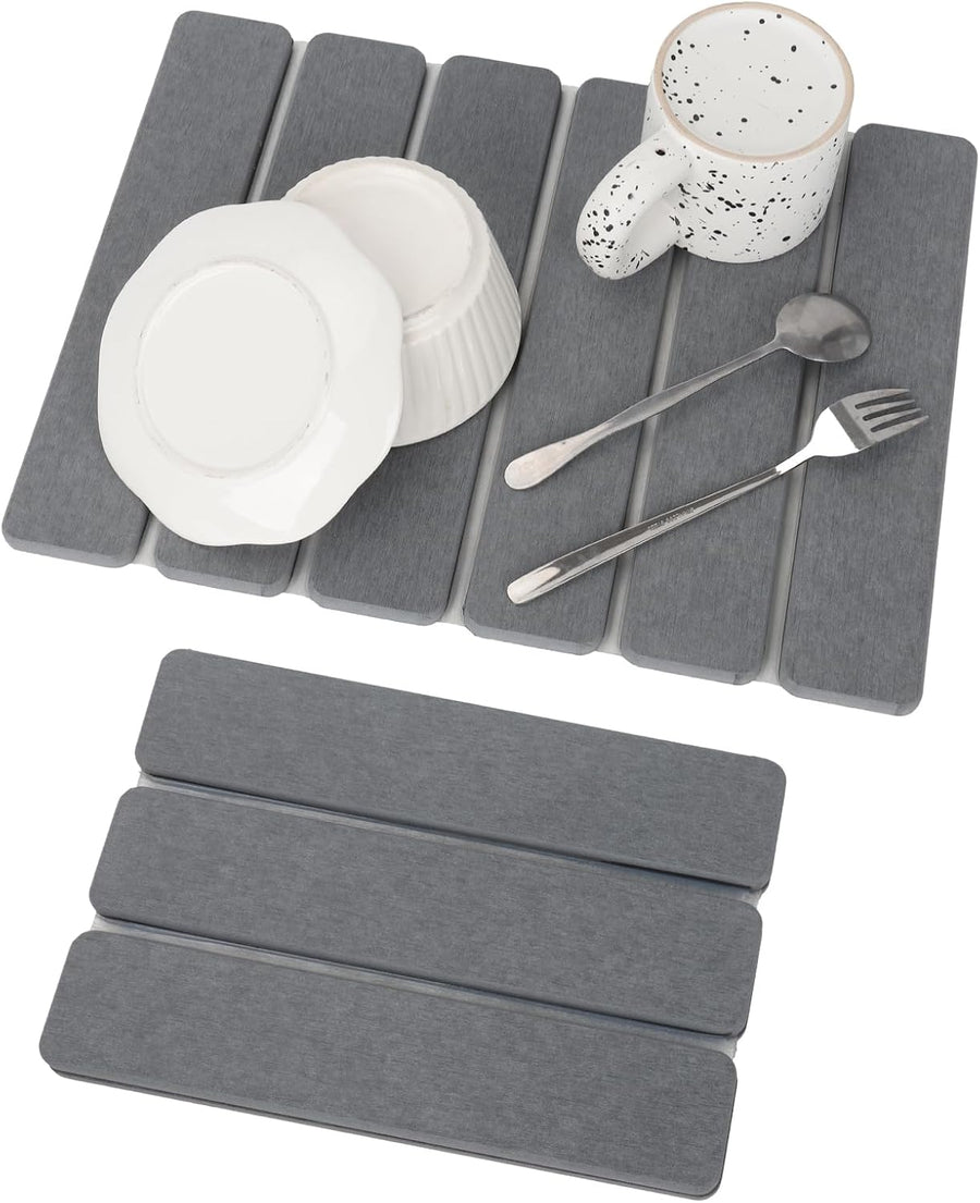 Stone Dish Drying Mat for Kitchen Counter, Eco-Friendly, Instant Drying Pad,Diatomaceous Earth Water Absorbing Mat, Foldable and Super Absorbent Dish Drying Stone Mat, 16"×12", Dark Gray