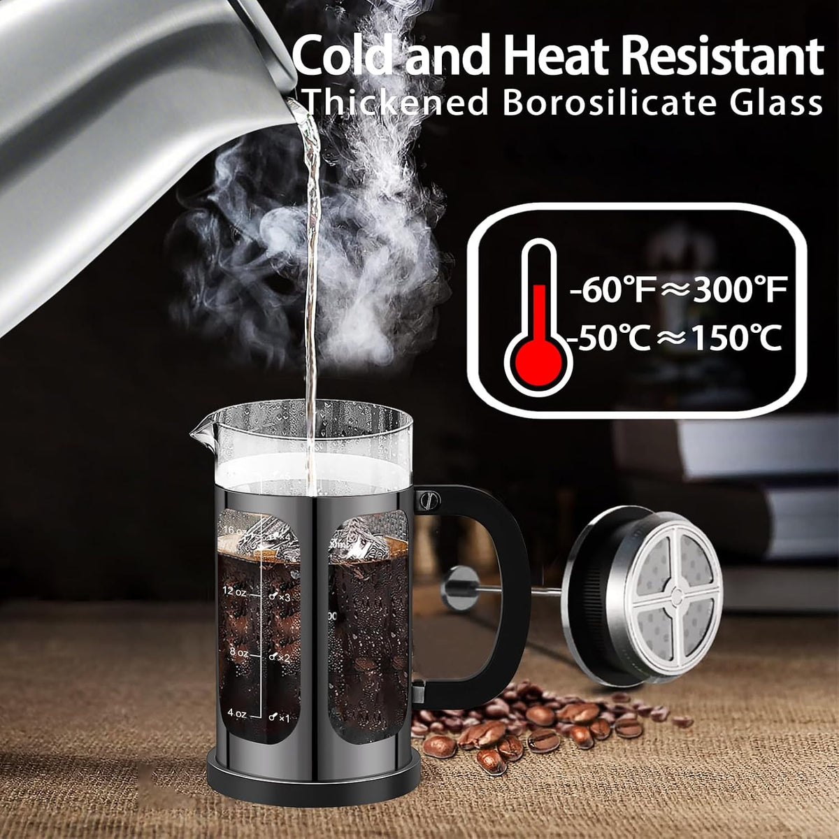 French Press Coffee Maker (21Oz 600ML 3-4Cup) Coffee Press, with 4 Filters System, Heat Resistant Thickness Borosilicate Glass, Cold Brew Coffee Tea Pot Gifts (Bright Black)