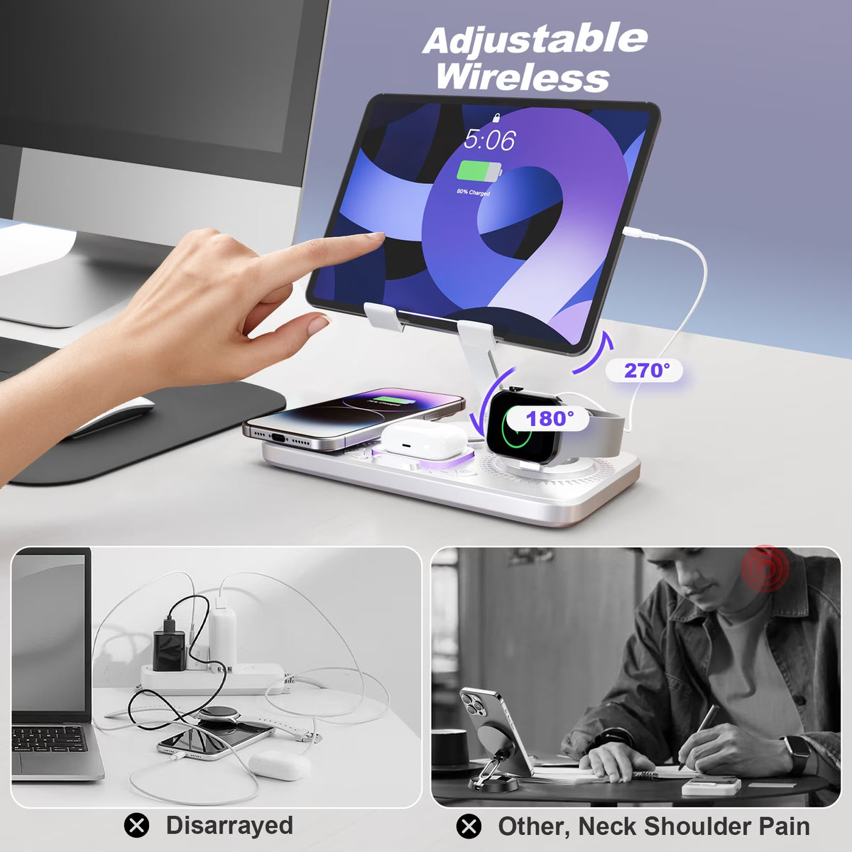 6 in 1 Wireless Charger for Iphone Airpods Iwatch, Foldable Charging Station Travel Charging Pad Dock Compatible with Apple 12 and above Series,White