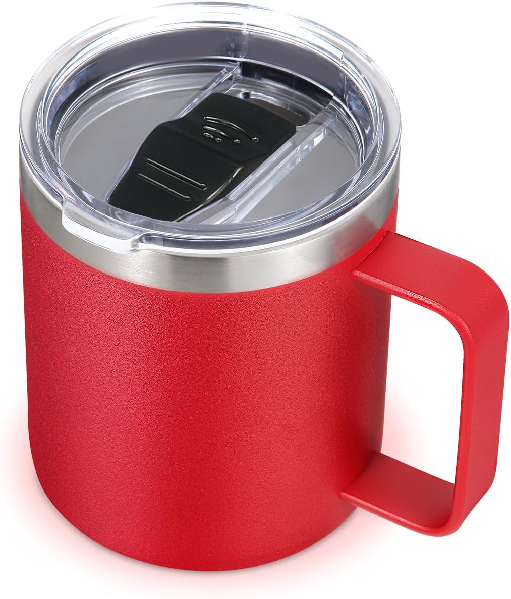 14Oz Insulated Stainless Steel Coffee Mug with Leakproof Lid,Double Wall Vacuum Travel Coffee Cup with Handle,Reusable Metal Cups Tumbler,Camping Mugs Keep Hot&Cold,Ideal Gifts(Red,1)