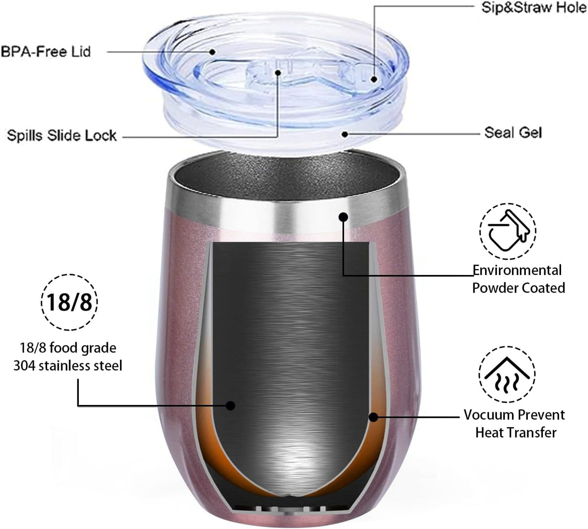 12Oz Insulated Wine Tumbler with Lid Wine Glass(Rose Gold,6 Pack)