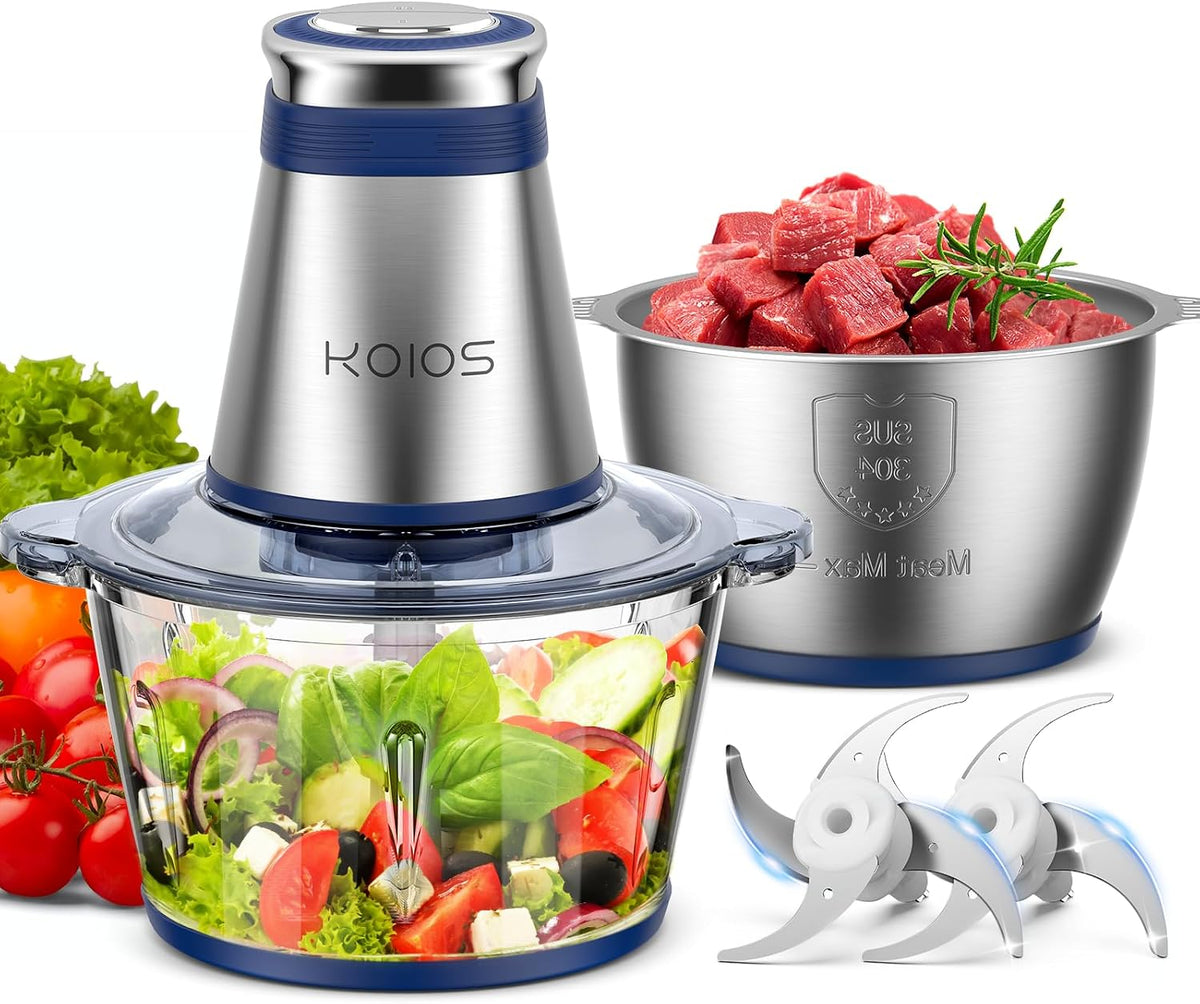 Food Processor, 500W Electric Food Chopper with 2 Bowls (8 Cup+8 Cup) & 2 Bi-Level Blades&, Small Electric Grinder Meat Processor for Nuts, Meat, Onion, Garlic, Baby Food, Blue