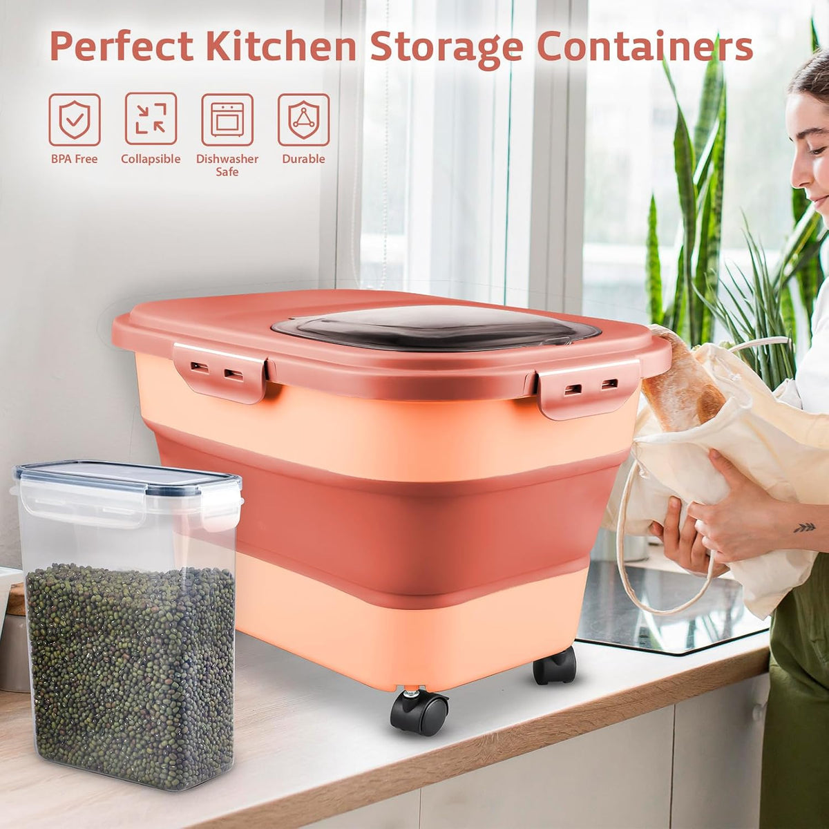 Rice Storage Containers, Collapsible 20 to 30Lbs Food Storage Bin Dispenser with Rolling Wheel and Clear Airtight Lid, BPA Free Flour, Sugar, Cereal and Dog Cat Pet Food Containers