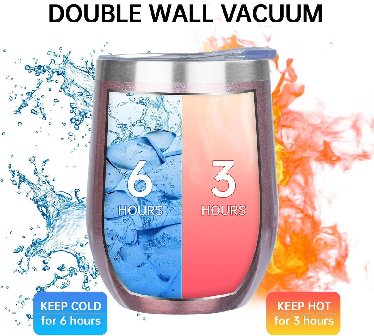 12Oz Insulated Wine Tumbler with Lid Wine Glass(Rose Gold,6 Pack)