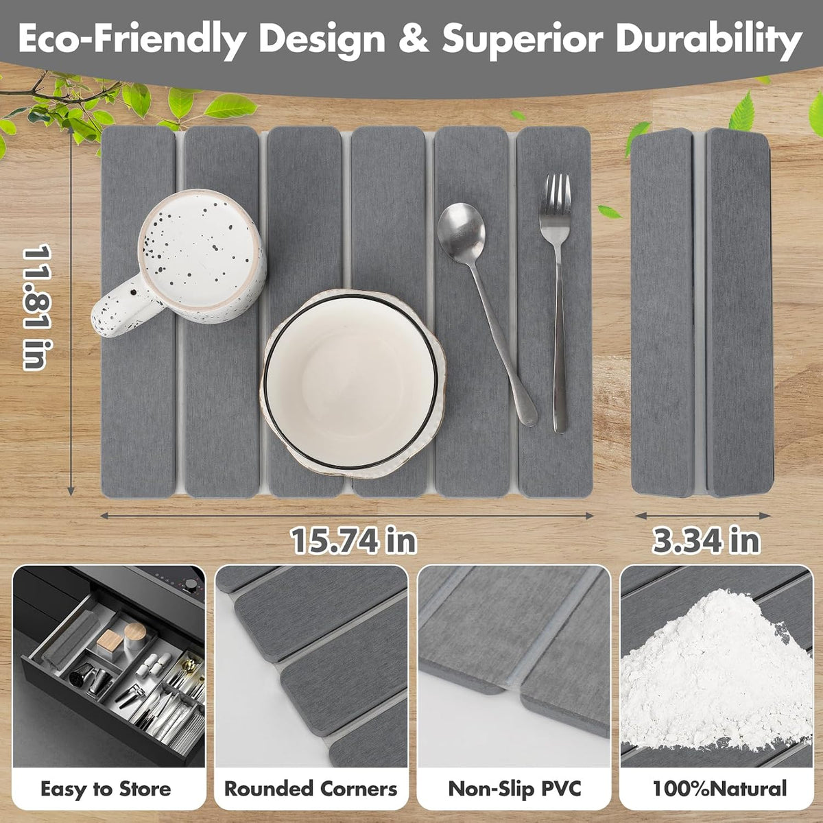 Stone Dish Drying Mat for Kitchen Counter, Eco-Friendly, Instant Drying Pad,Diatomaceous Earth Water Absorbing Mat, Foldable and Super Absorbent Dish Drying Stone Mat, 16"×12", Dark Gray