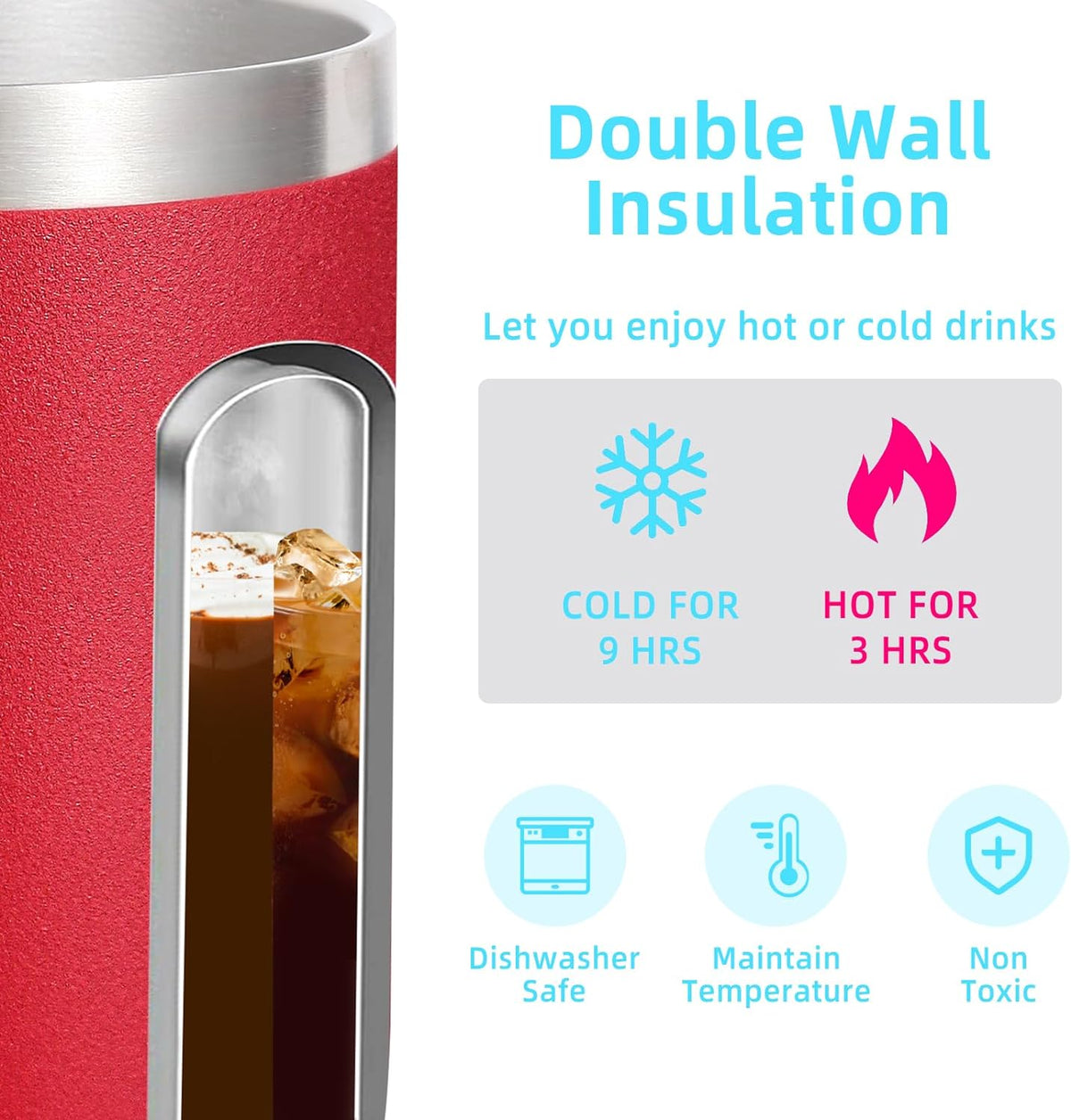 14Oz Insulated Stainless Steel Coffee Mug with Leakproof Lid,Double Wall Vacuum Travel Coffee Cup with Handle,Reusable Metal Cups Tumbler,Camping Mugs Keep Hot&Cold,Ideal Gifts(Red,1)