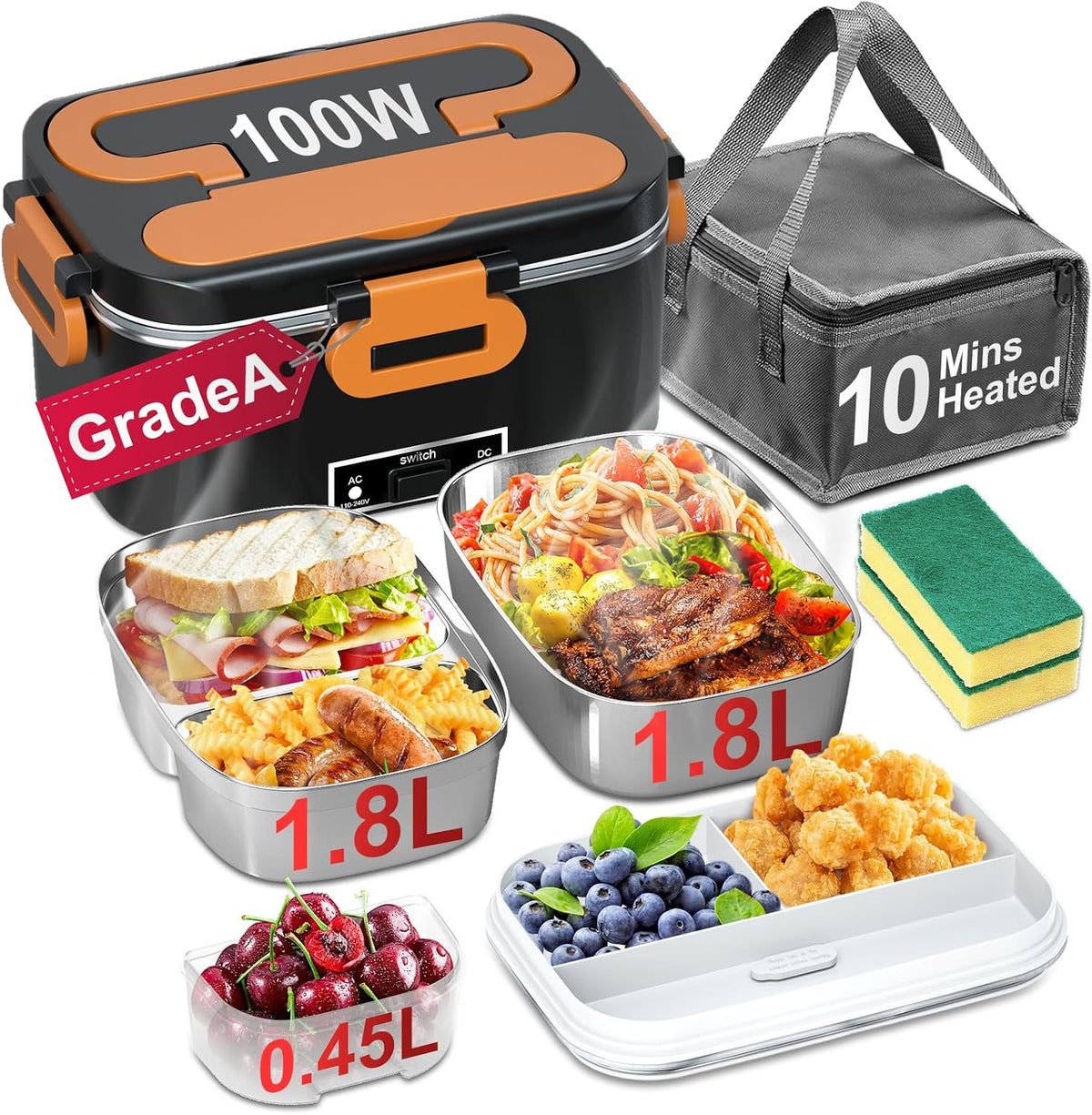 100W Electric Lunch Box for Adults,2 Pack 1.8L Portable Food Warmer