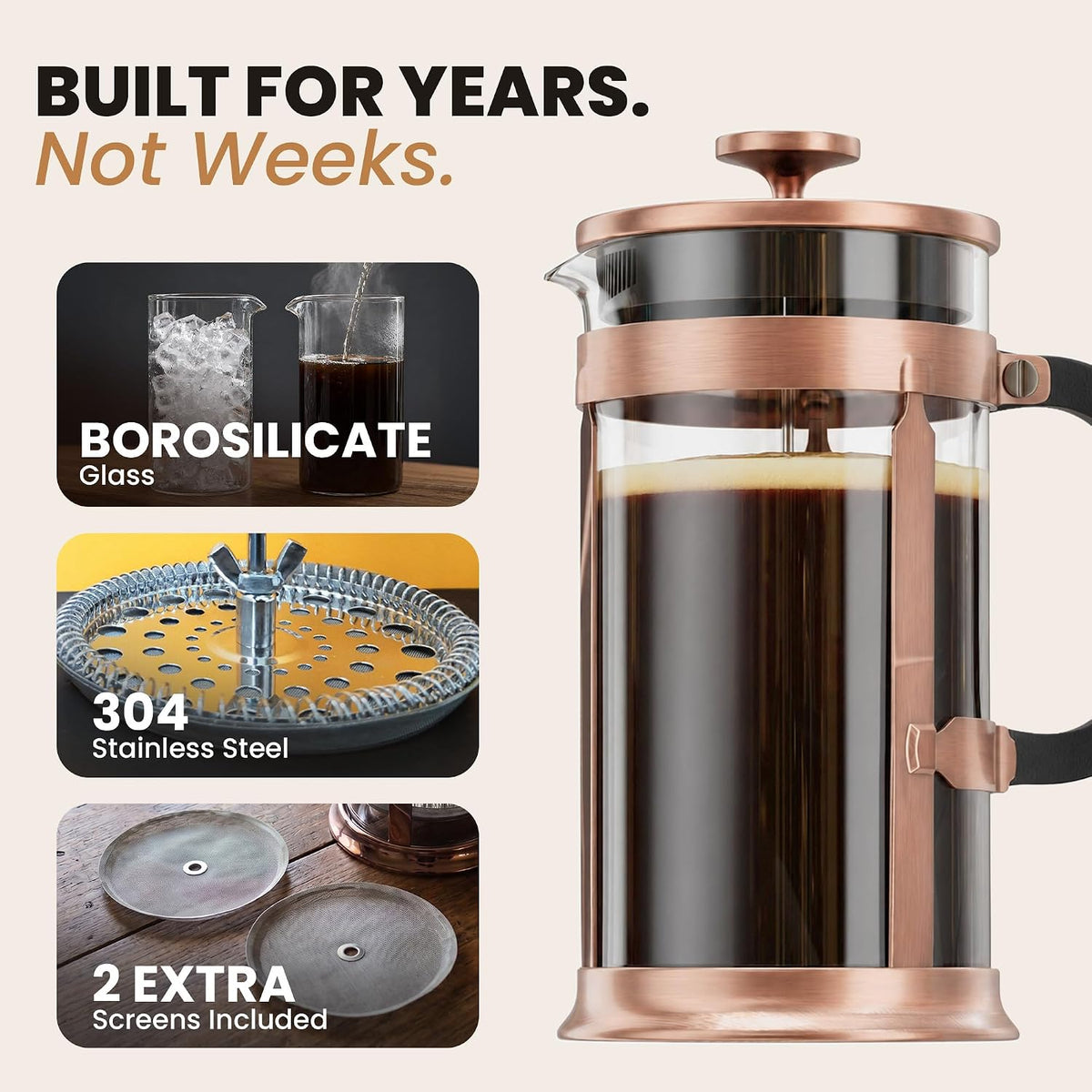 Ezdtach Glass French Press Coffee Maker 34Oz Copper – Double Filter
