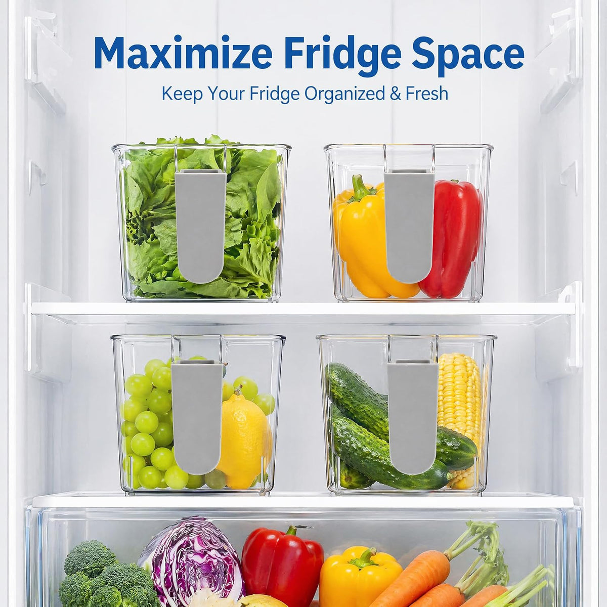 4 Pack Clear Ice Bins for Freezer, Plastic Ice Bucket with Flexible Scoop & Ice Tong, Pull Out Handle Ice Container, Kitchen Food Storage Organizer, Pantry Canister for Wine Beverage Fruit