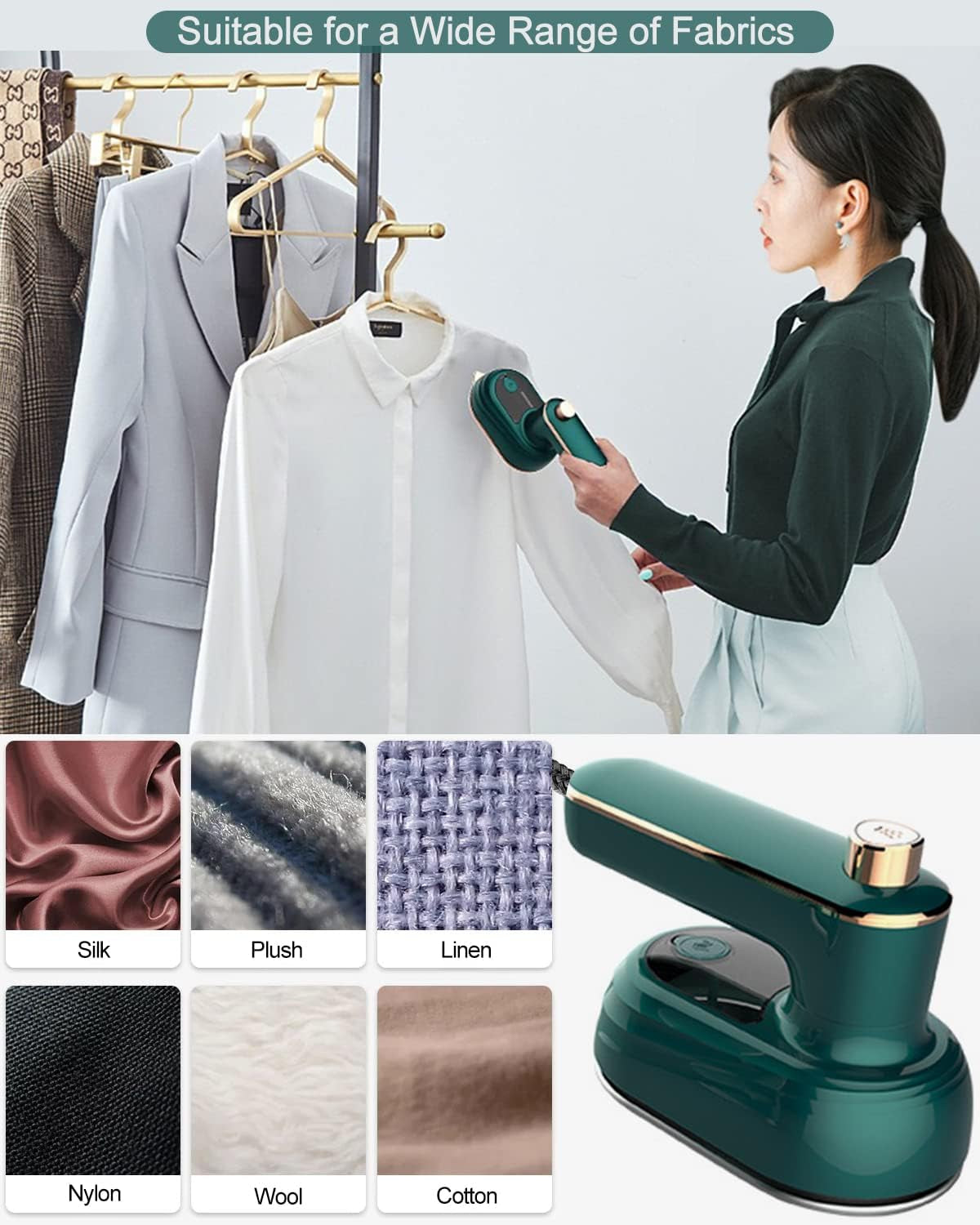 Mini Travel Iron for Clothes, Handheld Portable Electric Heat Press, Green