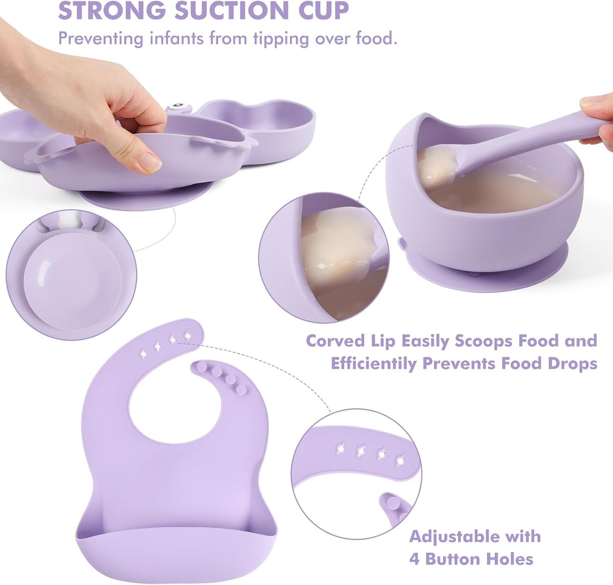 Silicone Baby Feeding Set 15 Pcs，Baby Spoons Suction Bowl Divided Plate Bib Cup Finger Brush Training Cups,Baby Led Weaning Supplies,Baby Plates，Toddler Feeding Plates and Bowls Set（Purple）