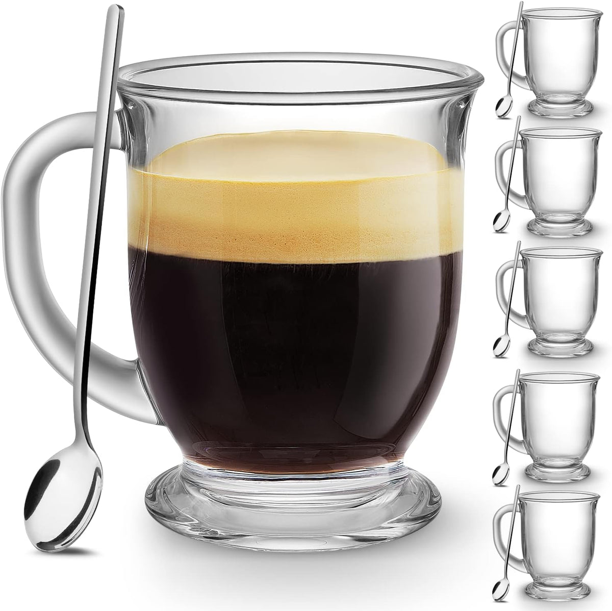 Glass Coffee Mugs Set of 6, Clear Large Coffee Mug 15 Oz with Handles for Hot Beverages, Clear Mugs for Tea, Cappuccino, Latte, Espresso Coffee, Juice, Glass Coffee Cups