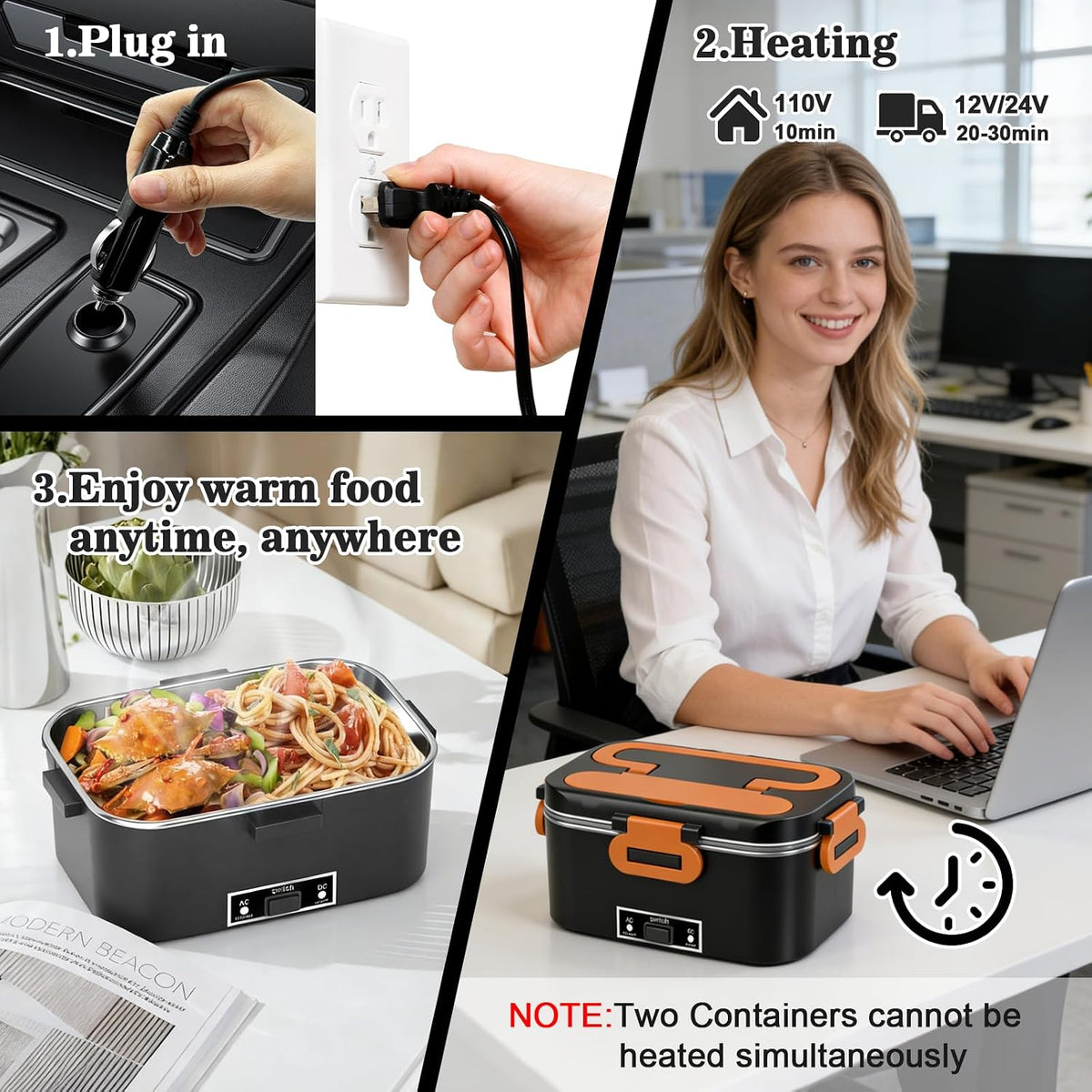 100W Electric Lunch Box for Adults,2 Pack 1.8L Portable Food Warmer