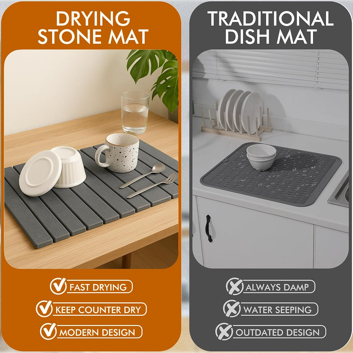 Large Stone Dish Drying Mat for Kitchen Counter, Instant Drying Pad, Super Absorbent Foldable Dish Drying Mat, 24"×16", Dark Gray