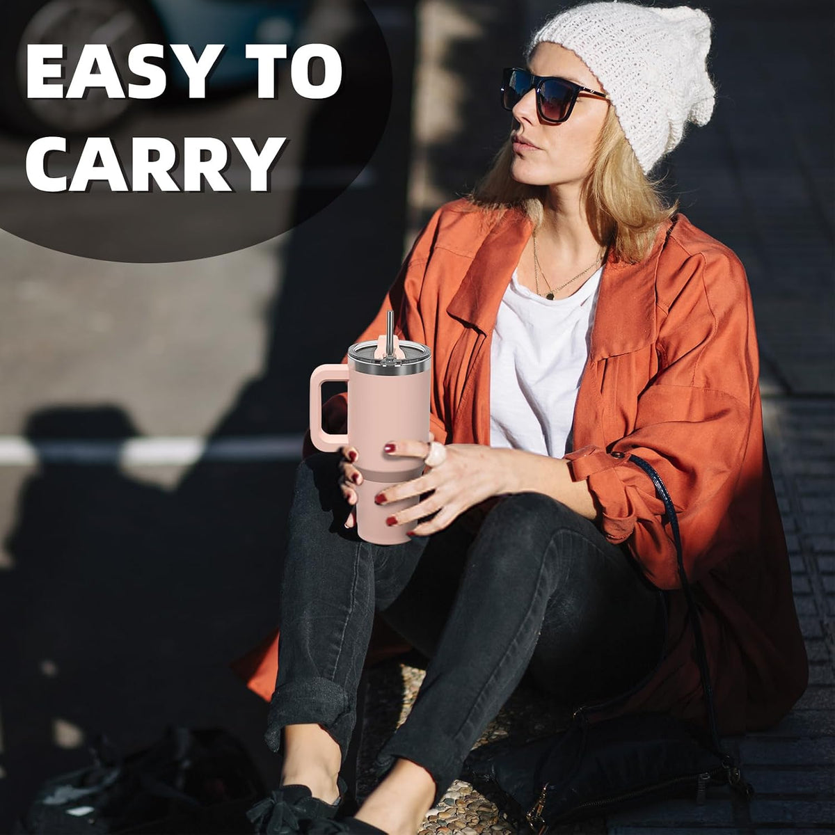 30 Oz Tumbler with Handle,Tumbler with Lid and Straw,Double Wall Insulated Cup Stainless Steel Travel Mug(Cold for 34 Hours),Water Bottle for Iced Tea,Coffee,Cold Beverages(Pink)