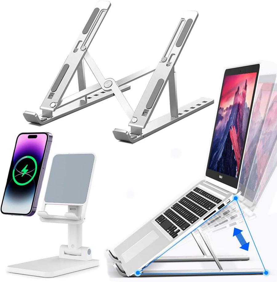 Portable Aluminum Laptop & Phone Stand, Adjustable, Foldable, Ergonomic, for Macbook, Ipad, Tablets & Smartphones, Office Desk Accessories
