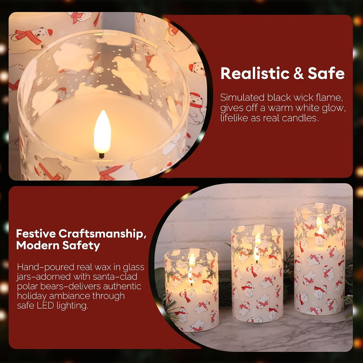 Bear Christmas Glass Flameless Pillar Candles with Remote Set of 3