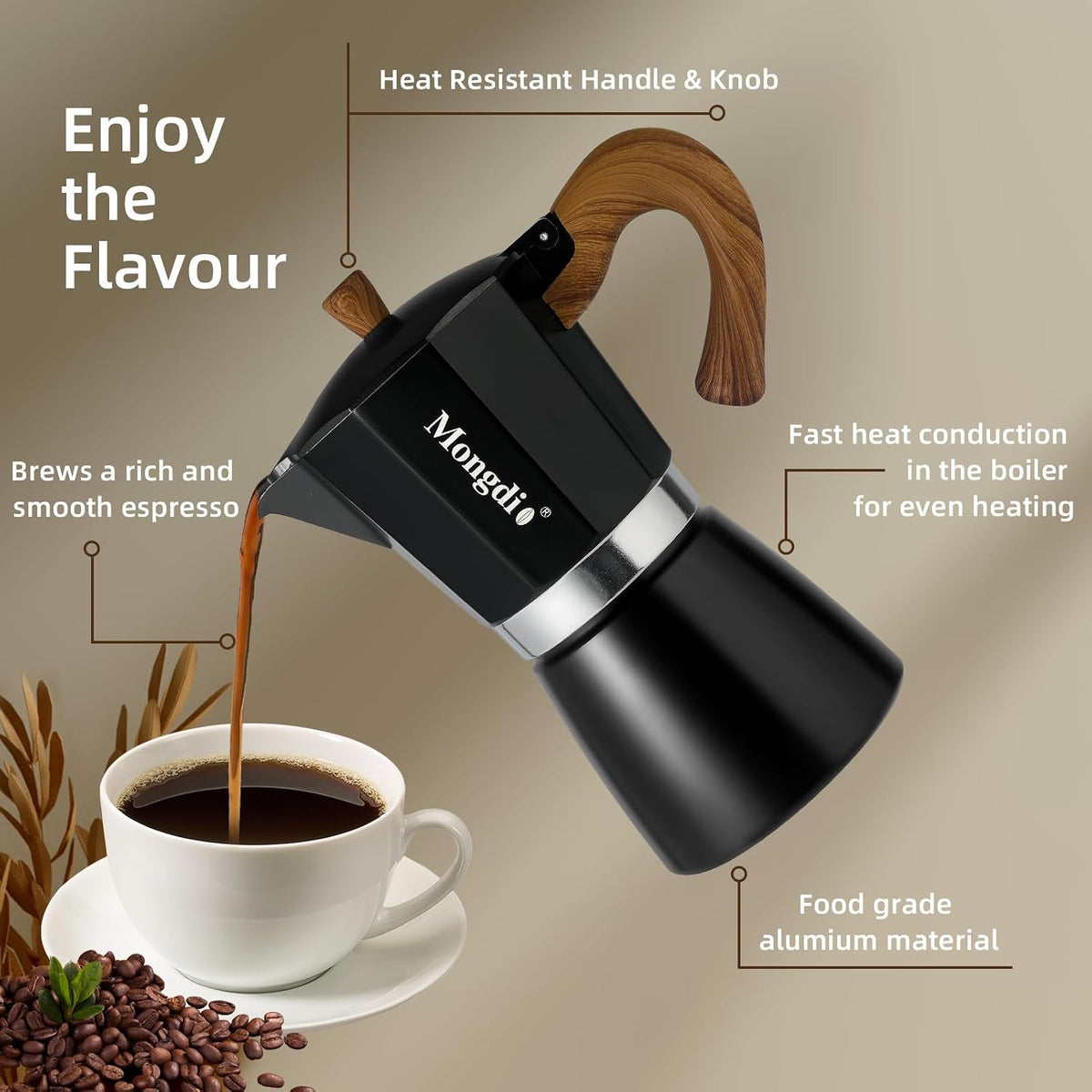 Stovetop Espresso Maker Moka Pot, Cuban Coffee Maker Stove Top Coffee Maker Moka Italian Espresso Greca Coffee Maker Brewer Percolator, 9 Espresso Cups, 15 Oz - Black