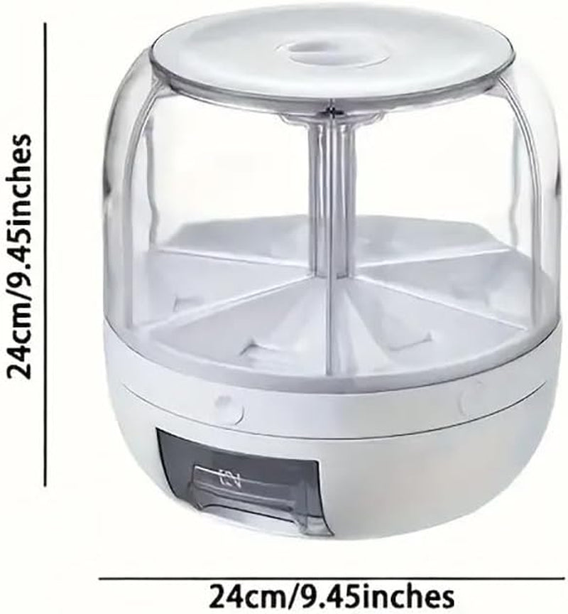 Rotating Grain Storage Container,Rice Dispenser,6-Compartment Rice Container, 360° Rotating Food Dispenser One-Click Output Rice Storage round Grain Dispenser Kitchen for Grains, Beans, Rice.